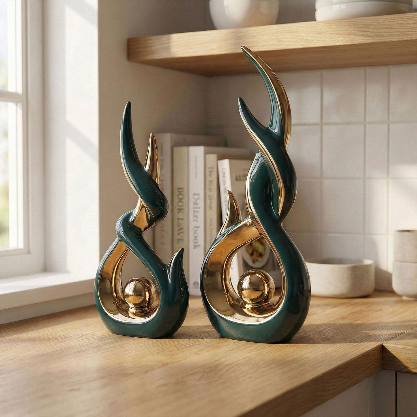 LCCCK Green and Gold Abstract Ceramic Sculpture Set of 2 Modern Electroplated Figurines Decorative Statues for Living Room Shelf Mantel Tabletop Home Decor Housewarming Gift