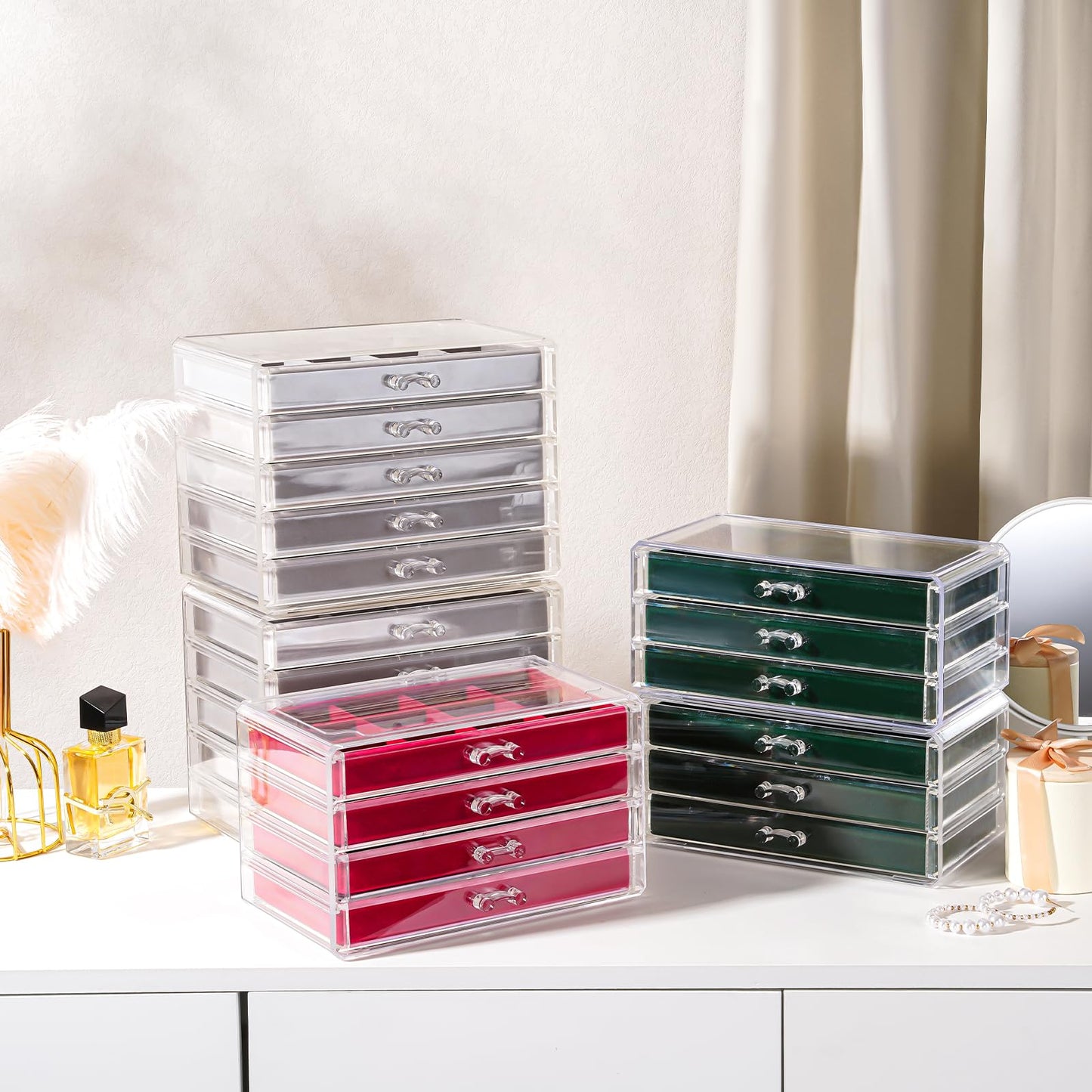 Lolalet Earring Holder Organizer Box Jewelry Storage with 4 Drawers, Clear Acrylic Stackable Earring Case with Adjustable Velvet Trays for Women on Dresser Vanity -Emerald, 4 Layers