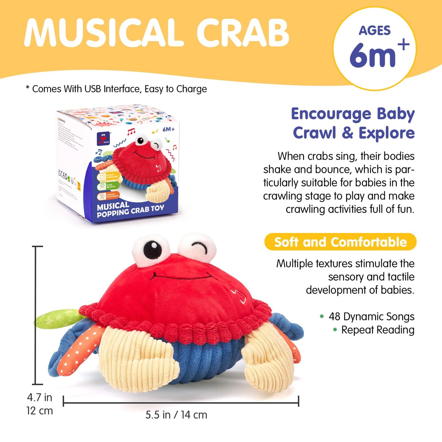 hahaland Baby Toys 6+ 12-18 Months - Crawling Musical Dancing Walking Moving Bouncing Learning Crab Tummy Time Toy Sensory Toddler Toys for 1-3 Year Old Birthday Easter Basket Stuffers