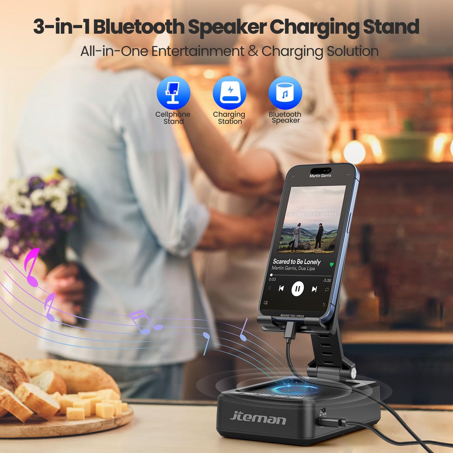 JTEMAN Cell Phone Stand with Bluetooth Speaker,HD Sound Adjustable Phone Holder,Birthday Gifts for Men Women, Cool Tech Kitchen Gadgets for Most Phones and Tablets-Black