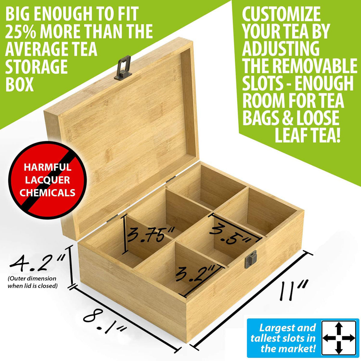 Tea Organizer Box Food Safe Chemical Free Bamboo Storage Chest Tall, Adjustable Cubbies (6-Slot 11" x 8.1" x 4.2" Blank)