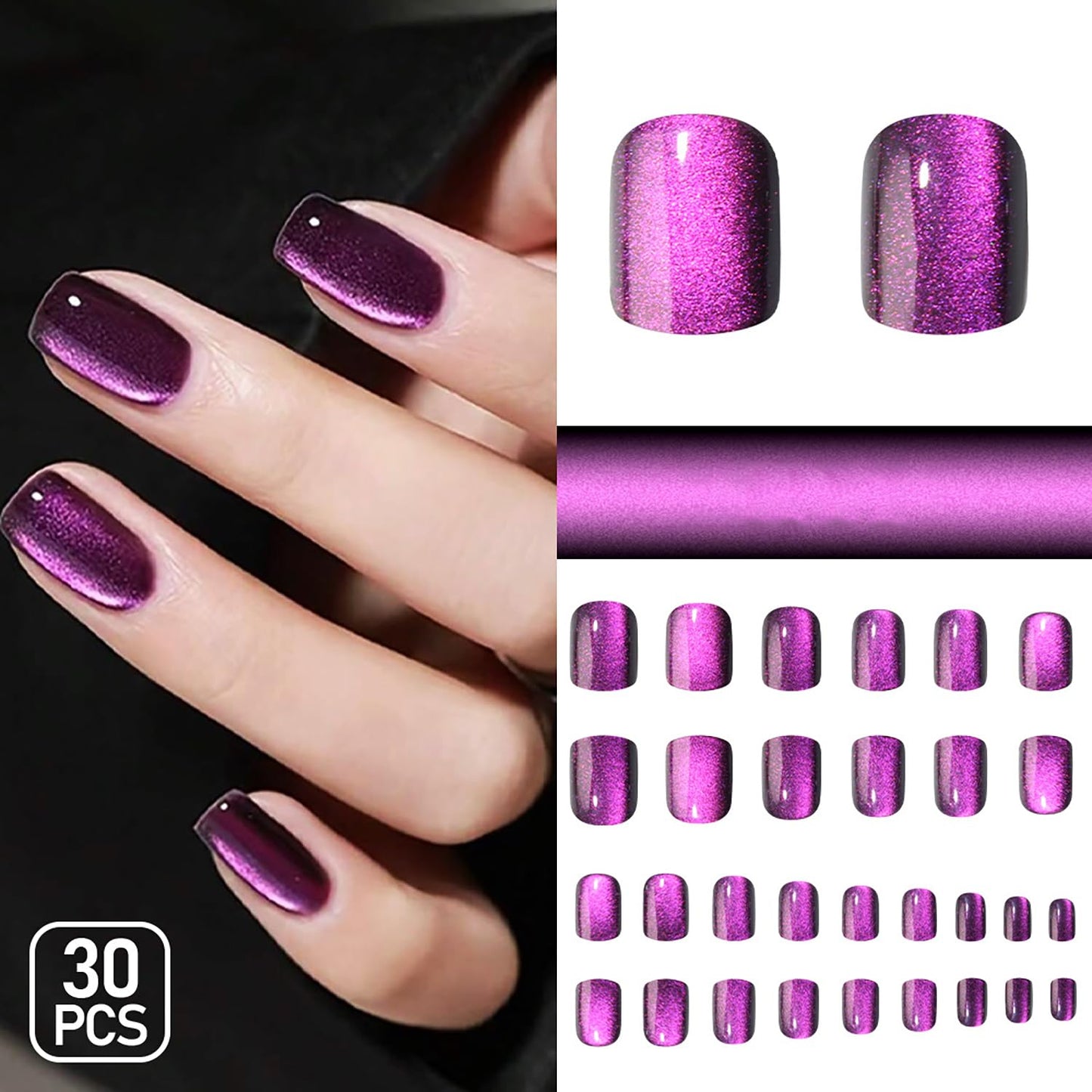 Purple Glitter Press On Nails Short Square Fake Nails Purple Glitter Design Stick On Nails Press Ons Reusable False Nails Full Cover Glossy Acrylic Glue On Nail For Women Nail Supplies 30Pcs
