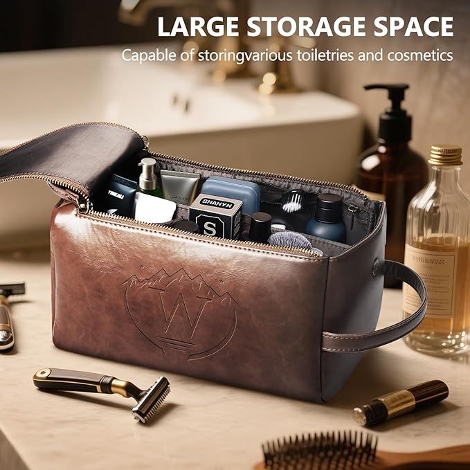 Personalized Toiletry Bag for Men,Initial Mens Toiletry Bags for Traveling,Men Travel Toiletries Bag,PU Leather Shaving Bag for Toiletries Accessories kit,Dark Brown W