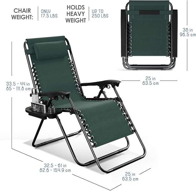 Nestl Zero Gravity Chairs Set of 2, Patio Lounge Chair Outdoor with Pillows & Cup Holder Trays, Adjustable Steel Mesh Reclining Camping Chair, Folding Patio Lawn Chair for Deck, Beach - Forest Green