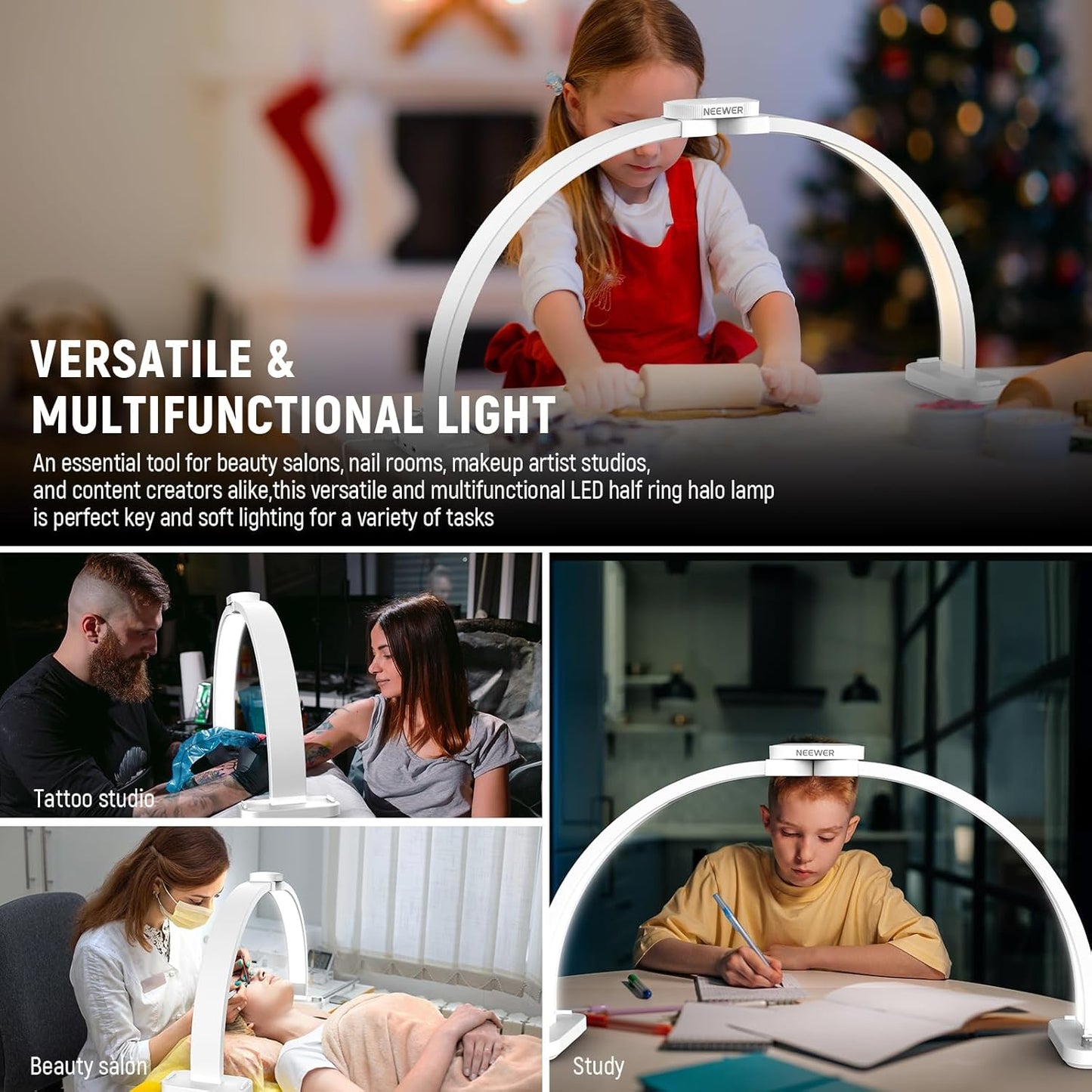 NEEWER Basic HM01-D 29" Arc Lamp, 40W Foldable LED Half Moon Table Nail Tech Light for Desk 3000K-6500K 3400lux/0.5m CRI95 USB Charging Phone Holder for Manicure Makeup Beauty Tattoo Overhead Shooting