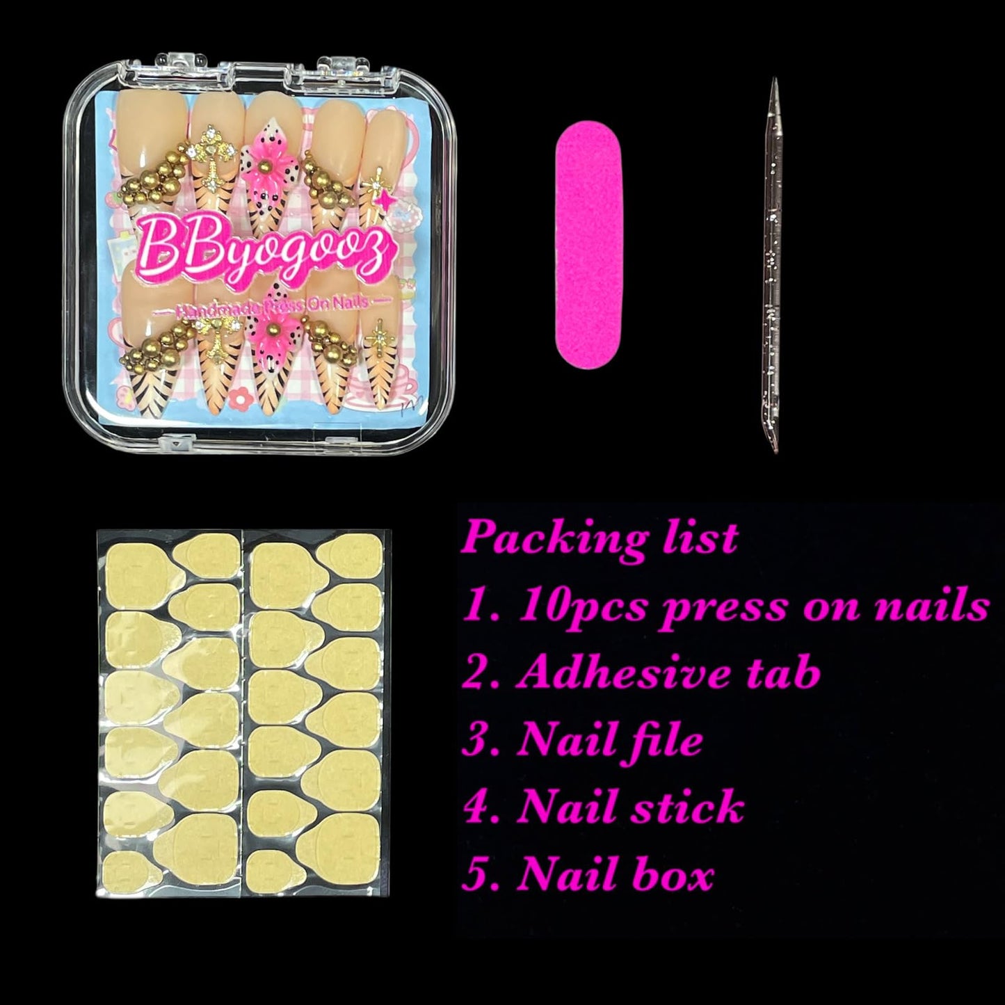 Luxury Handmade Press On Nails, Nude Pink Stiletto Tips with Gold Chains, 3D Flowers, Tiger Stripes, Reusable Acrylic False Nails (Tiger Luxe, L)