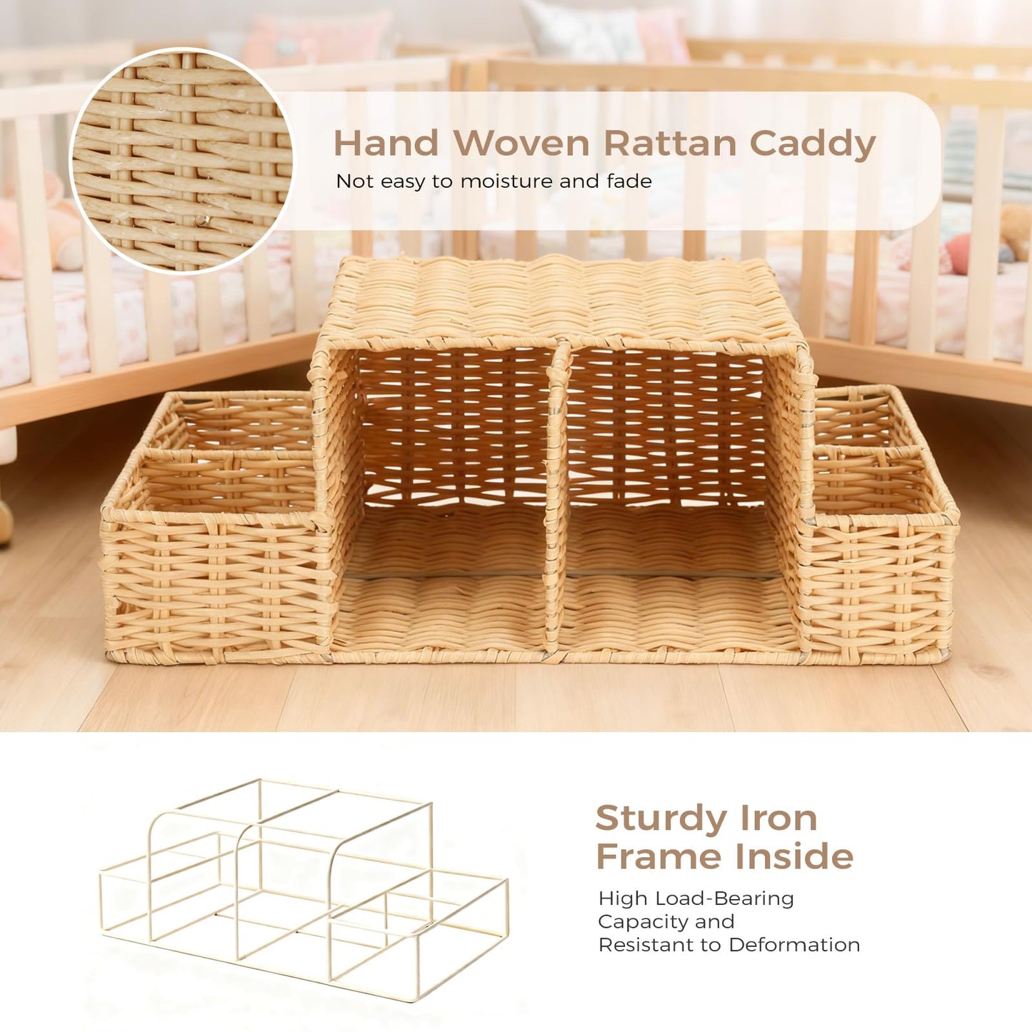 Klippehop Diaper Caddy Organizer, Hand Rattan Nursery Storage Basket for Baby Essentials, Baby Changing Table Organizer Perfect Nursery Assistant (Hollow PE Rattan - Style 2, L)