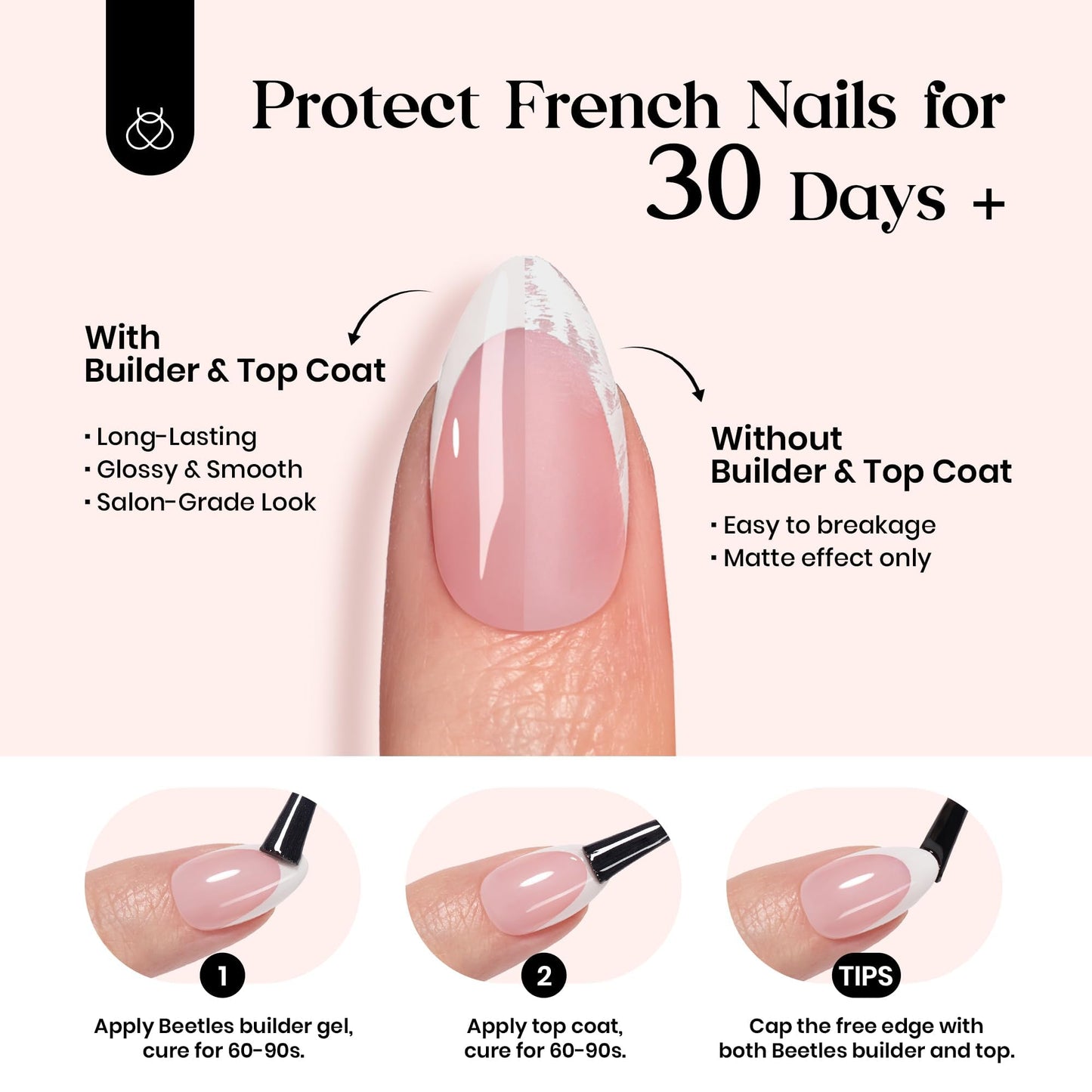 Beetles X Press Plus French Tip Nails - Candy French | Pink Long Square Press On Nails | 16 Sizes 160 Pcs Natural Salon Quality Gel Nail Tips