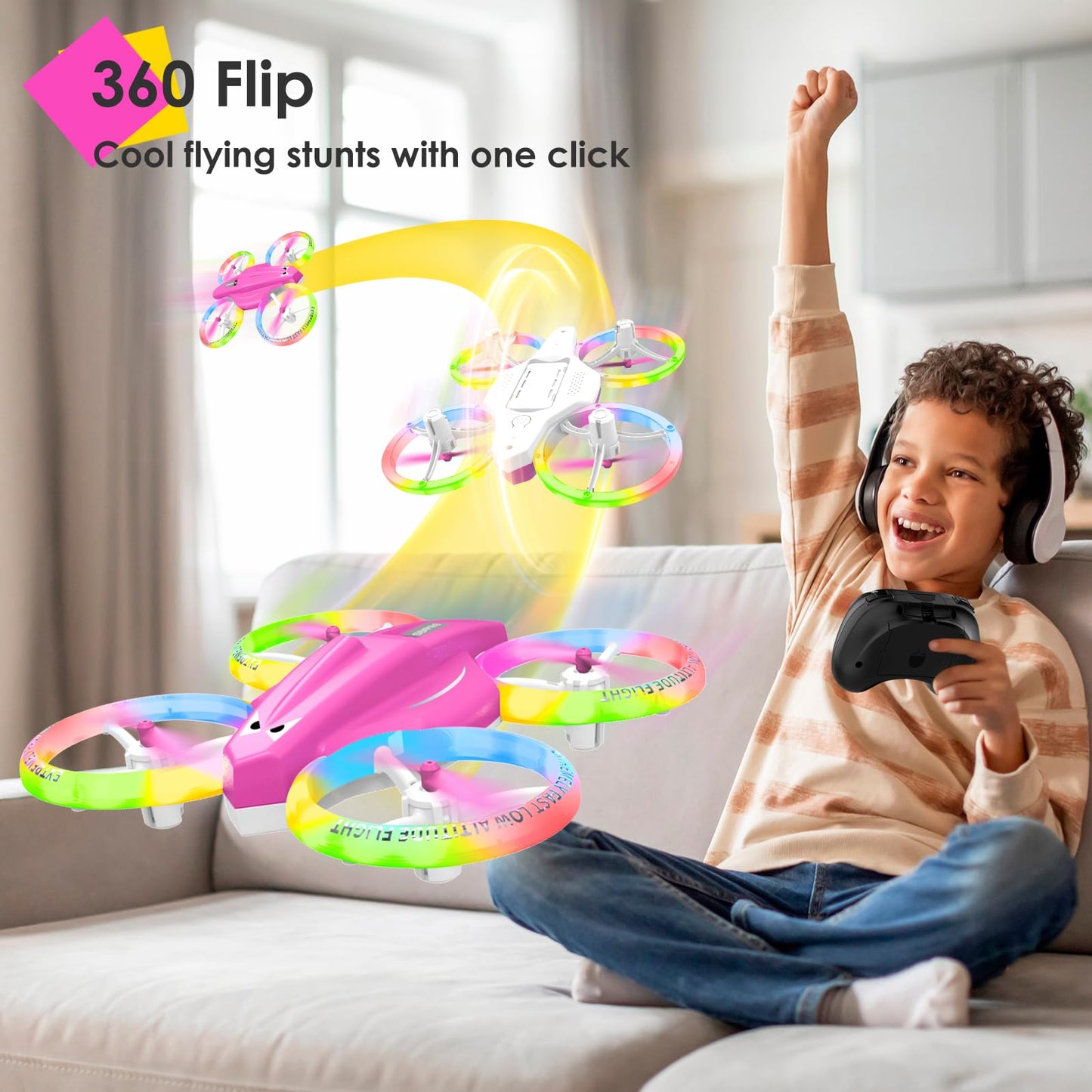 Drone for Kids with LED Light | Lisoco Indoor RC Drone with 360 Flip | 2 Batteries | Easy to Fly Mini Drone for Girls Boys Beginners | Flying Toy Gift (Pink)