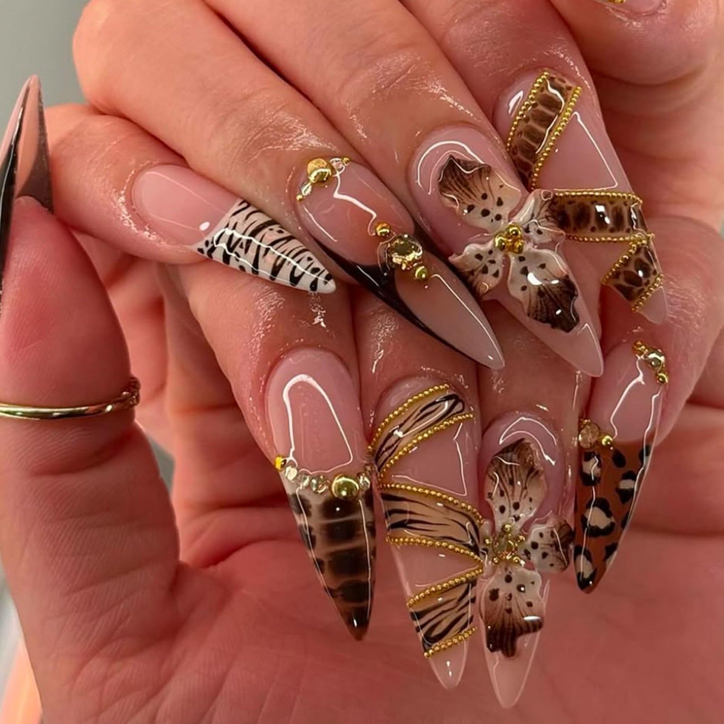 Almond Press on Nails Long Brown Flowers Stick on Nail for Women 24pcs