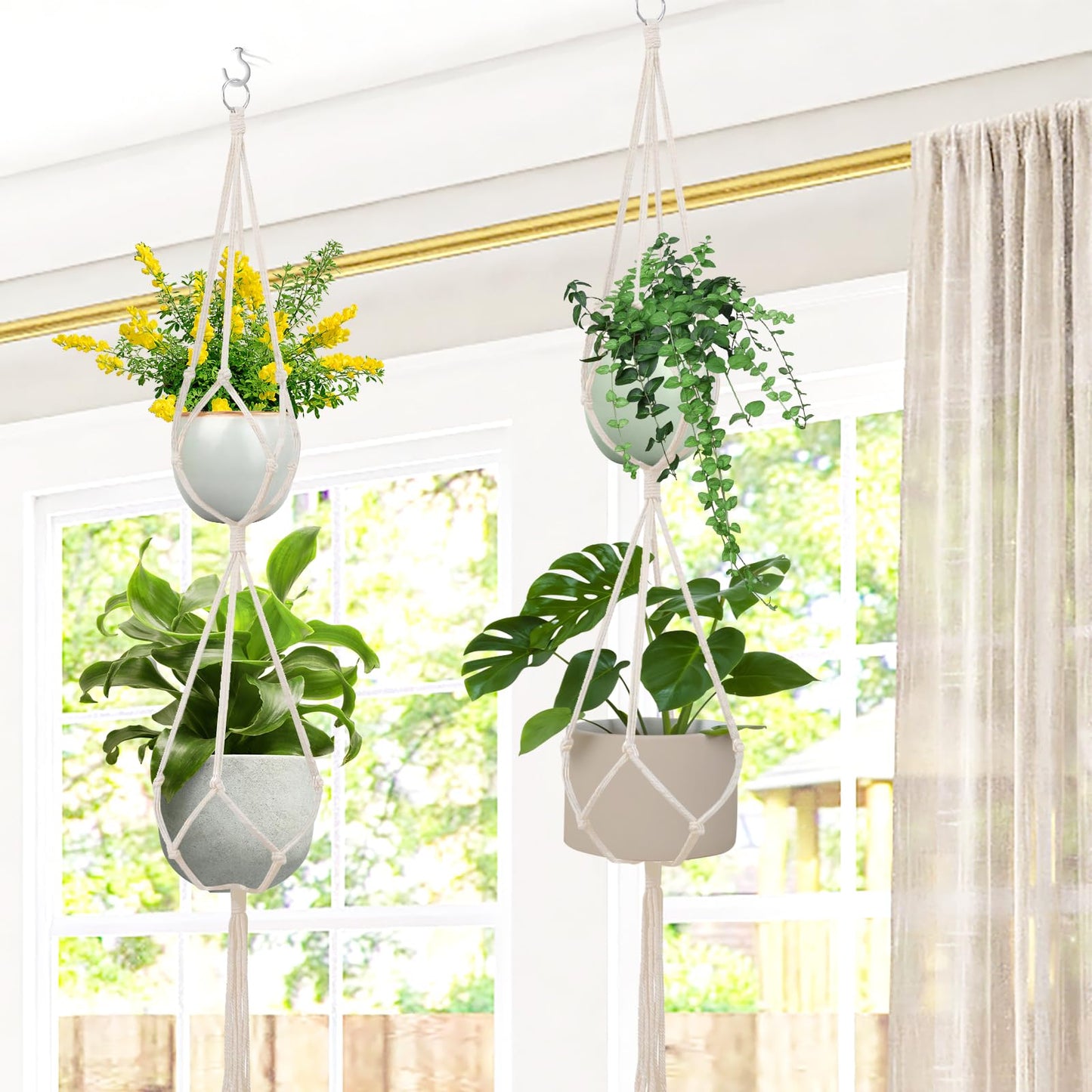 SNAIL GARDEN 2 Tier Macrame Plant Hanger, 2Pack Double Plant Hangers with Tassel Indoor Outdoor Hanging Planter Basket Handmade Cotton Rope Hanging Planters Set with 2Pcs Hooks for Boho Home Decor