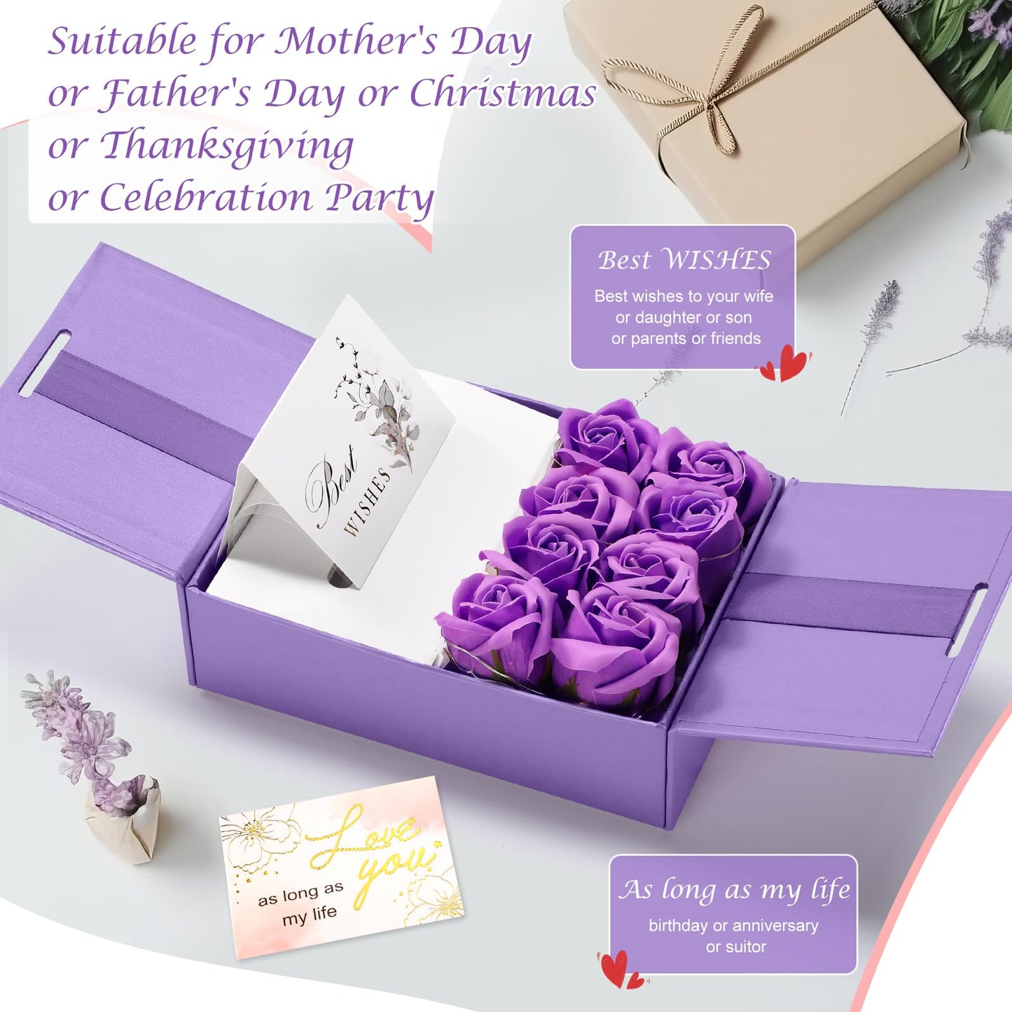 Resholder Money Pull Box for Cash Gift Mother's Day Money Pull out Gifts with 8 Rose 2 Greeting Card 1 Light String for Mom Husband Wife Birthday Anniversary Christmas(Purple)