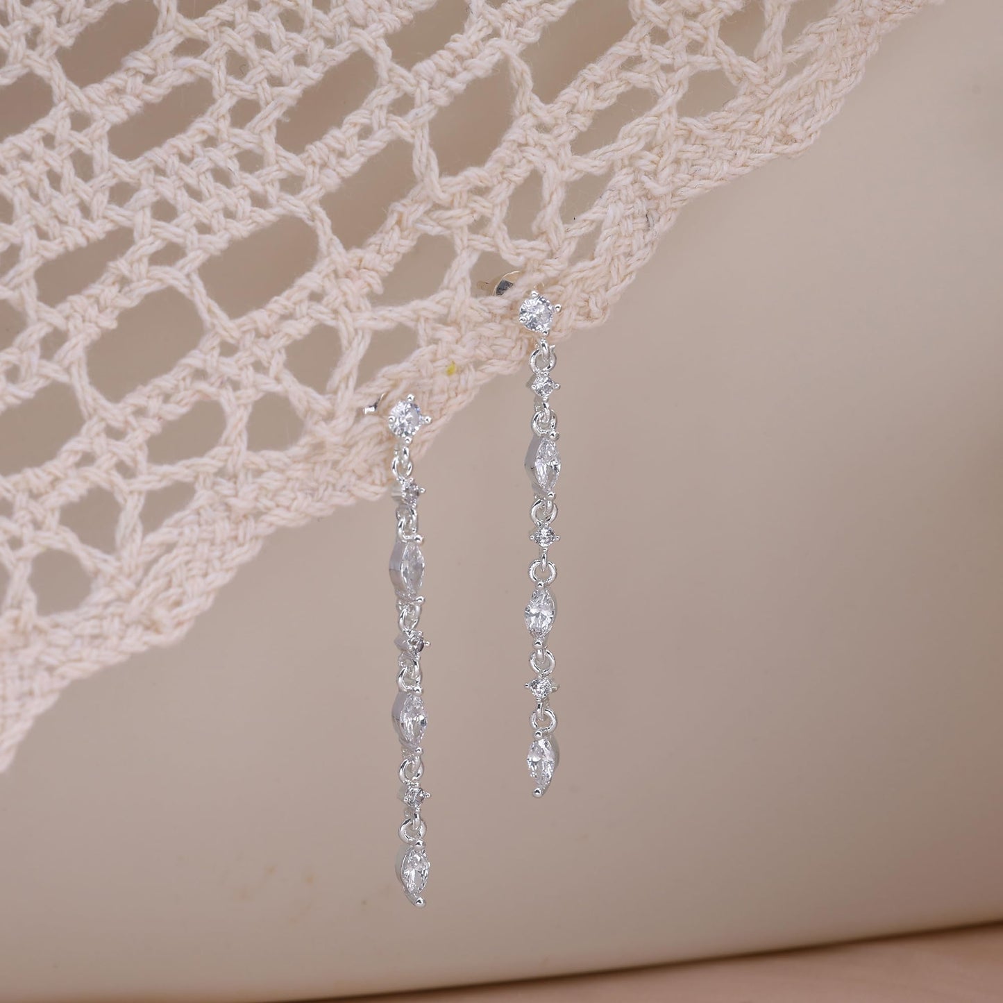SELFROSE Silver Dangle Earrings, Dainty Drop Earrings with Silver Plated Hypoallergenic Brass, Cubic Zirconia Stones, 20g, 2 Count