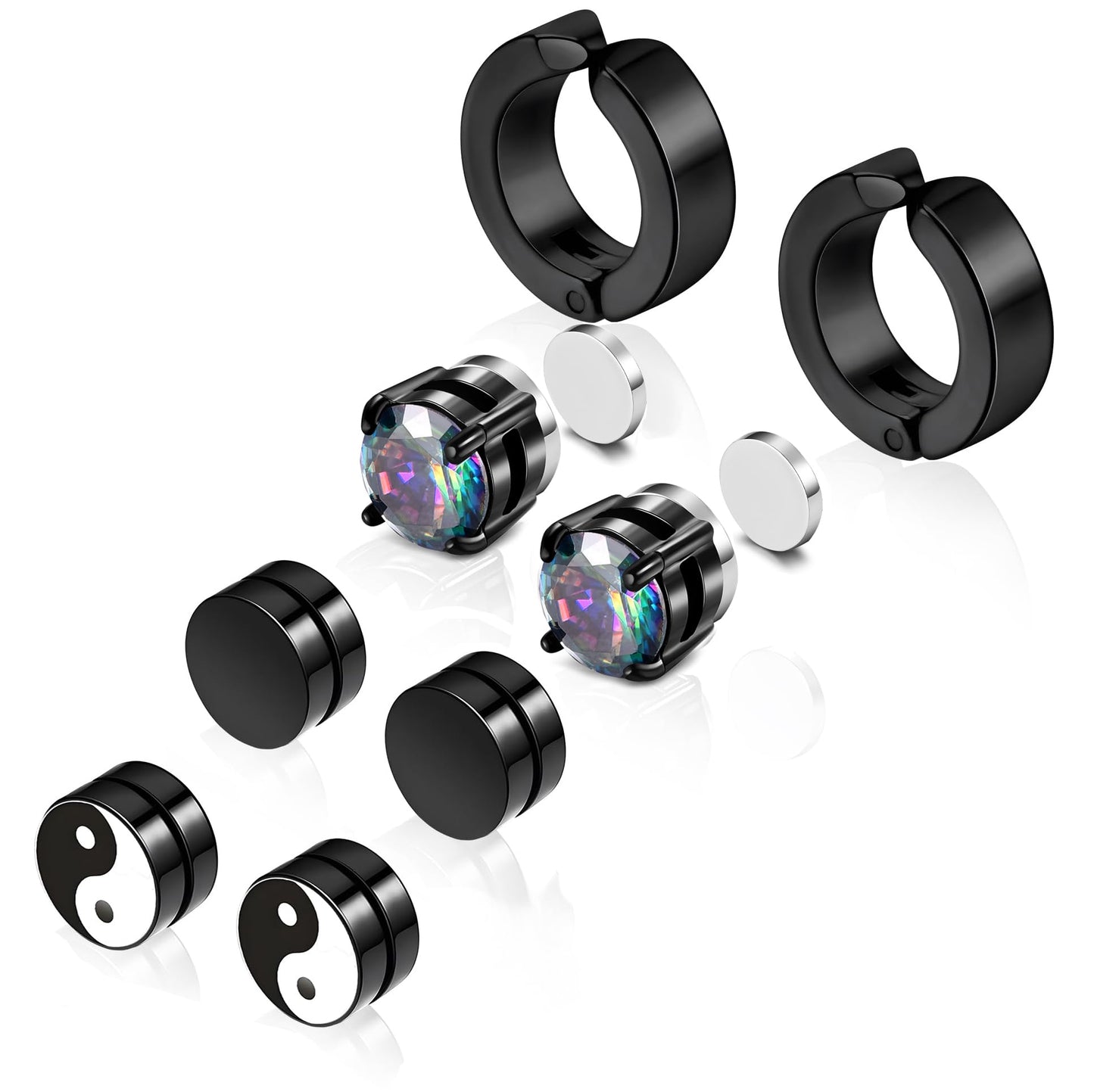 SIISPRI 4 Pairs Black Earrings for Men, Titanium Screw Back Surgical Stainless Steel Stud Earrings Rainbow 5A Cubic Zirconia Hypoallergenic Aritos Para Hombre Studs Jewelry Set for Men Women,