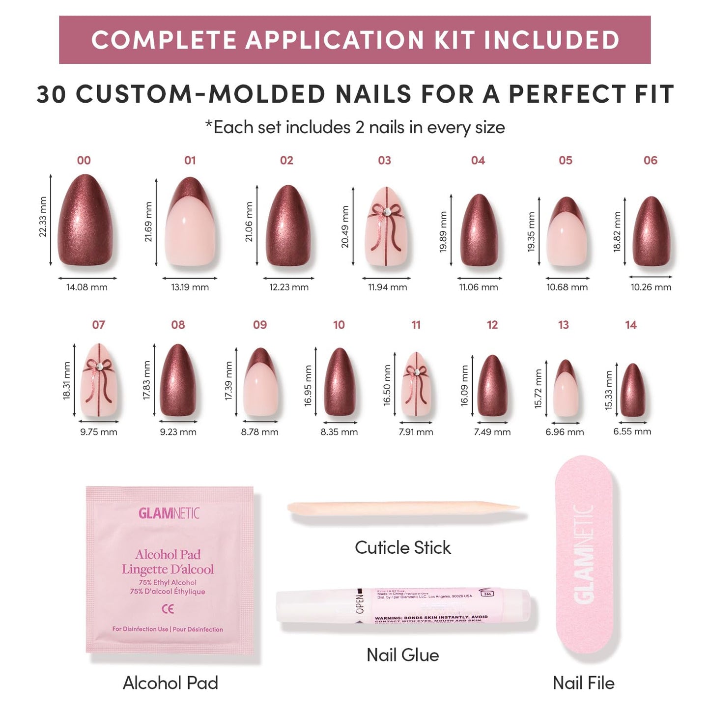 Glamnetic Press-On Nails Bundle - Ruby Ribbons & She's A Gift | Short Almond Fake Nails with Red French Tips & 3D Bows | Short Almond Fake Nails in Burgundy Chrome with French Tips and Ribbon Designs
