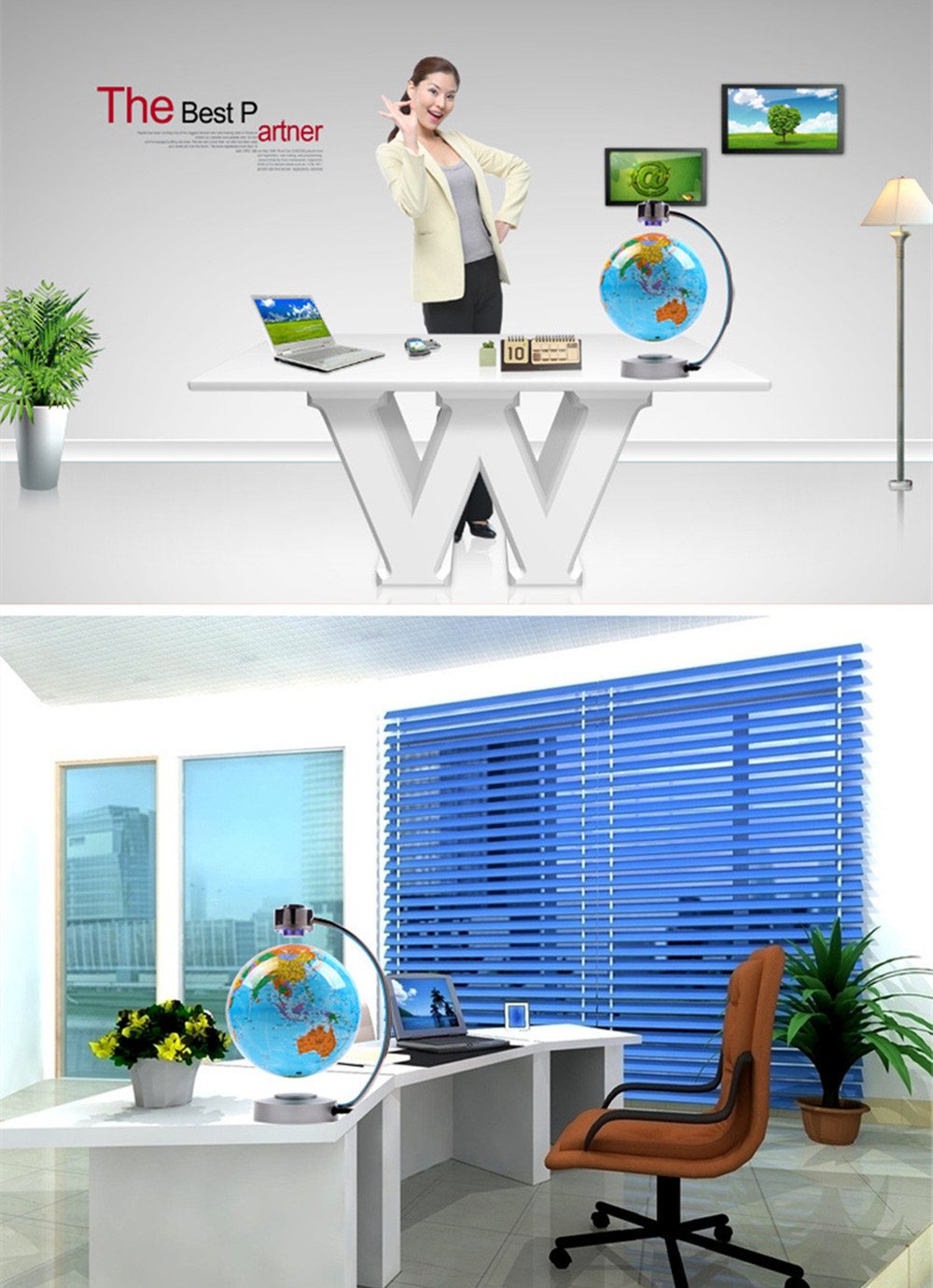Magnetic Levitation Floating Globe NHSUNRAY 8'' Levitation Rotating Ball LED Illuminated World Map Earth for Desktop Office Home Decor (White)