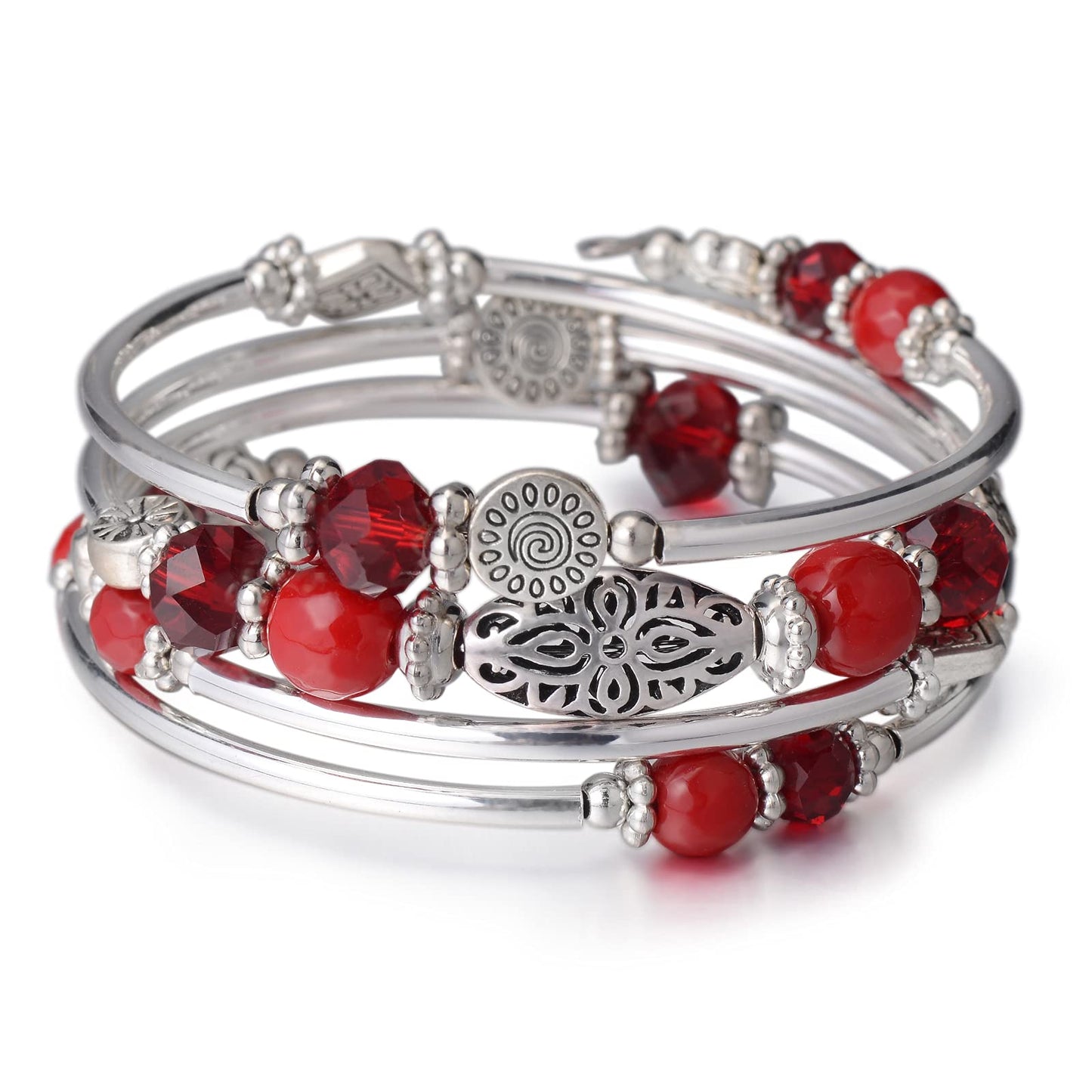 FULU AUTUMN Stackable Beaded Bracelets for Women Boho Wrap Silver Bracelet Layered Fashion Jewelry Gifts for Her(Red)