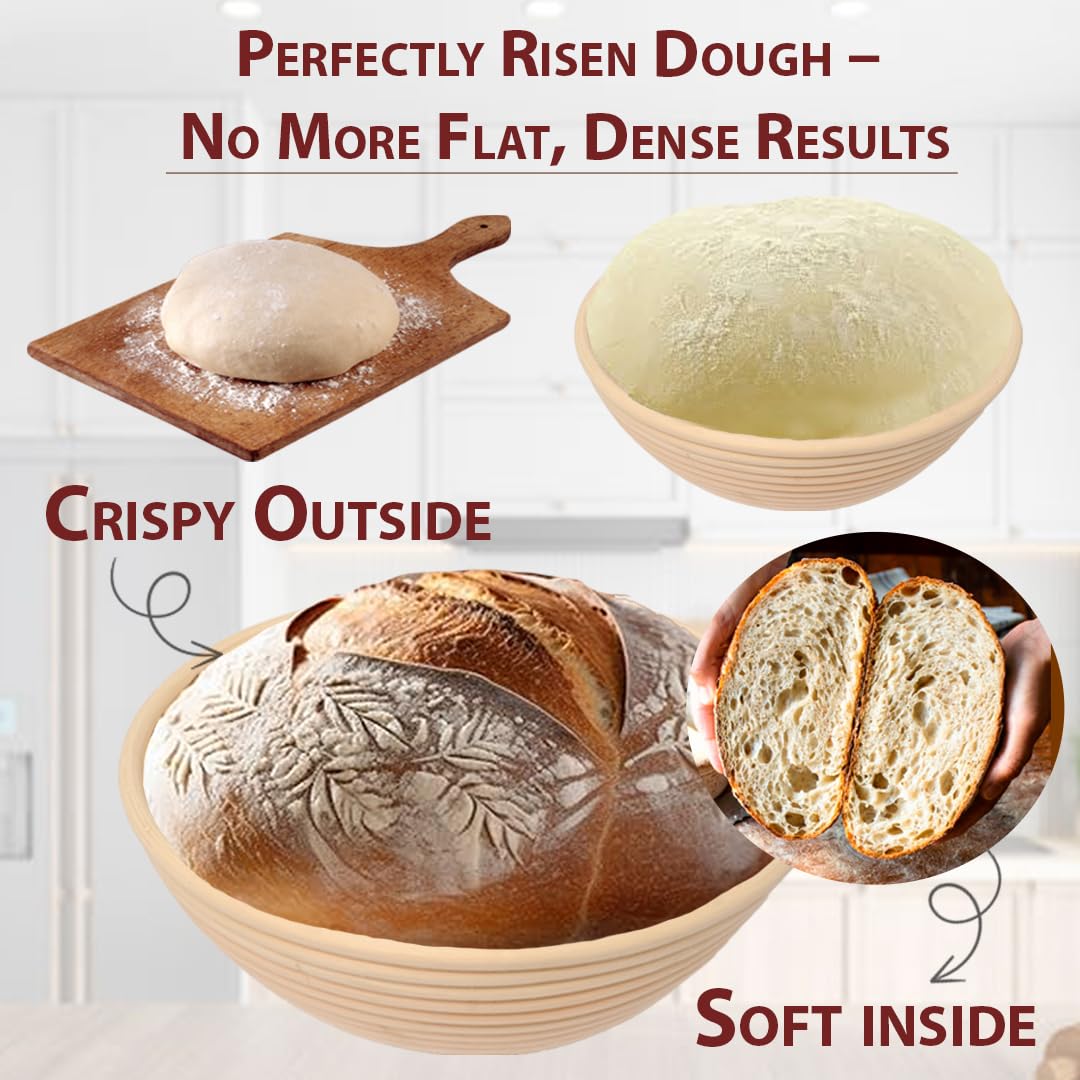 Banneton Bread Proofing Basket 9” Round with Maximum 6 Bread Making Tools and Supplies by SMILLWALA Proofing Baskets for Sourdough Bread Baking Supplies Kit, Gift for Bakers, Natural