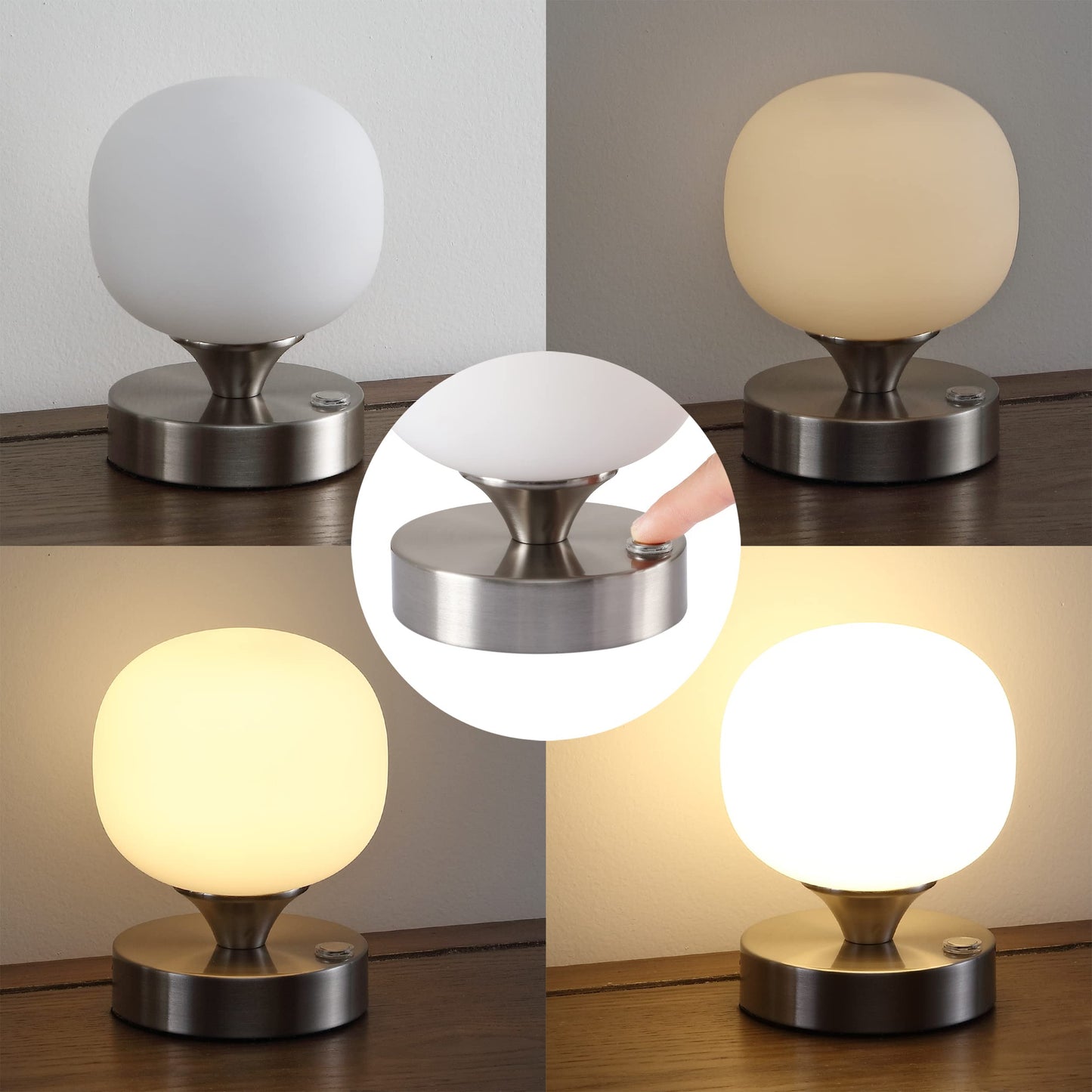 JONATHAN Y 6.13" Nickel/White Modern Cordless Rechargeable LED Table Lamp, Frosted White Glass Shade, Touch Dimmable Mini Accent Light for Bar, Bedroom, Nightstand (JYL7112B)