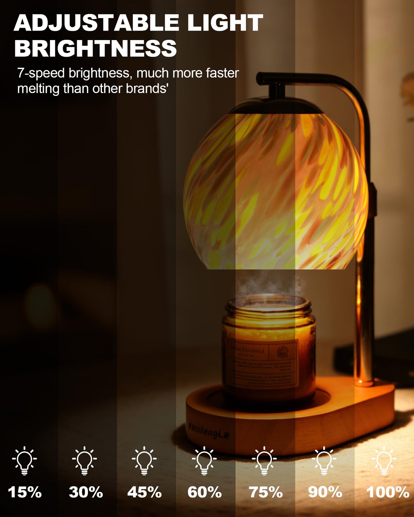 WangshengLe Stained Glass Candle Warmer Lamp Adjustable Height, 7-Level Dimmable Brightness with 2/4/8H Timer, Candle Warmer Light with 2 Bulbs for Women Mom Scented Jar Candles - Gold