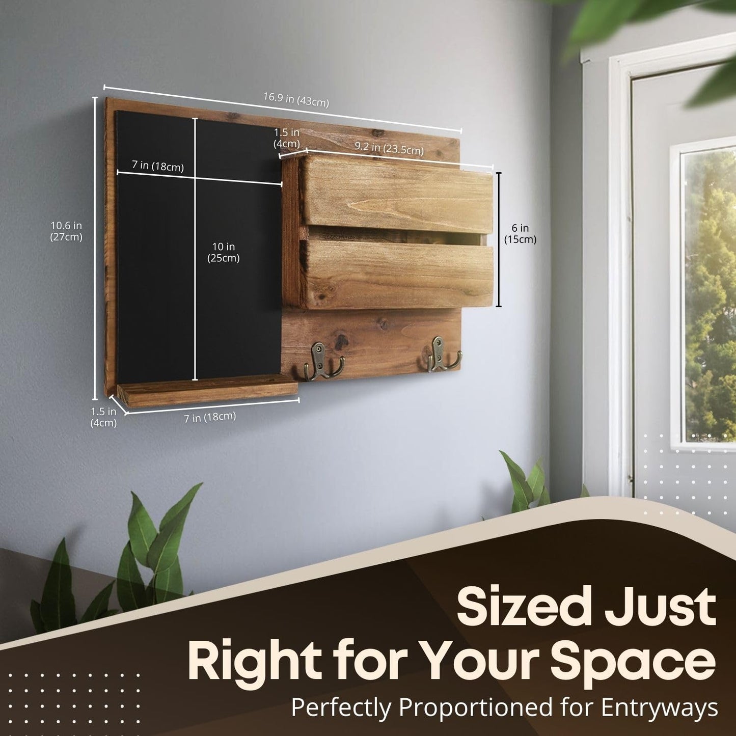 Flexzion Rustic Wood Entryway Mail Sorter Holder, Wall Mount Mudroom Storage Organizer with Blackboard Chalkboard Memo Board Message Sign & Key Hook Rack/f Front Door Furniture Accessory Home Office