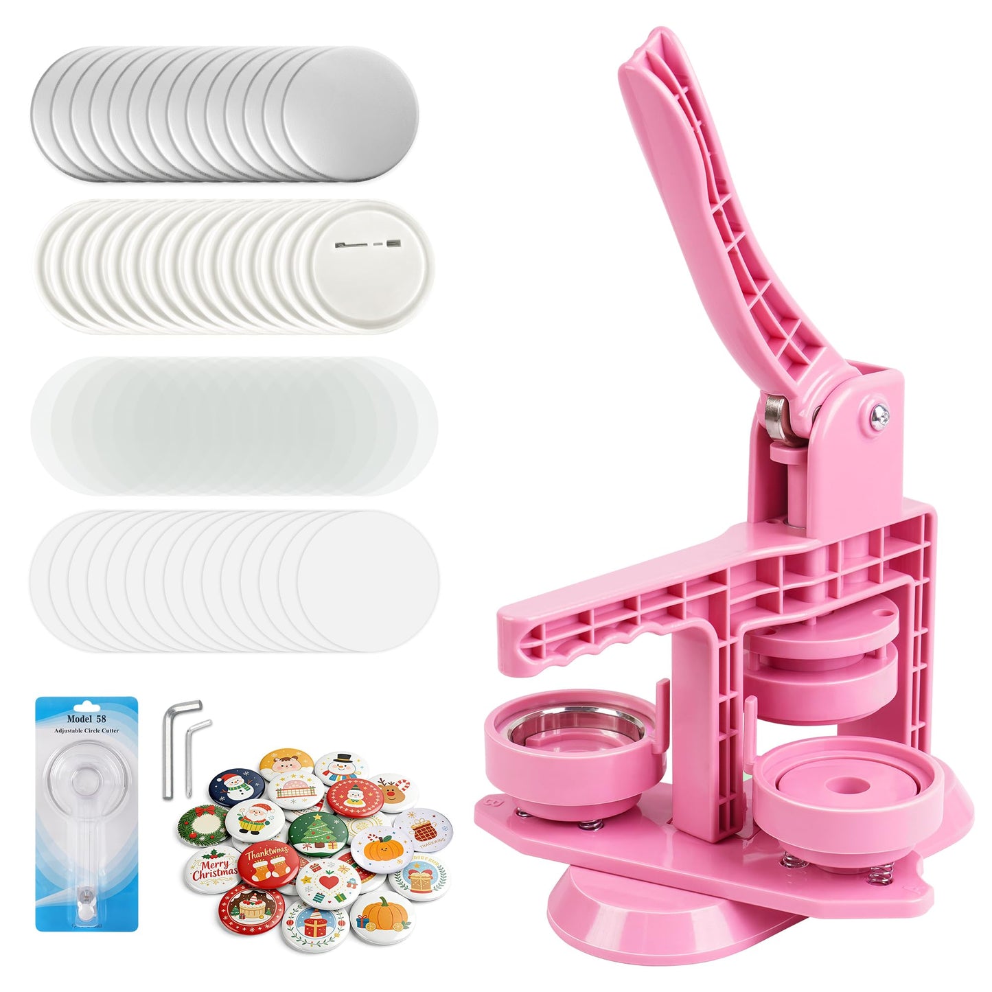 MK.Bear 2026 Button Maker Machine 2.25 Inch (58mm), No Installation Required Pin Maker Kit for Button Making, DIY Pink Badge Maker Button Press with 30 Badge Supplies & Circle Cutter