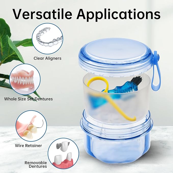 No Leak Partial Denture Case Retainer Bath Box Cup, Denture Soaking Cup False Teeth Holder Box Case with Strainer Basket and Brush - Transparent Blue