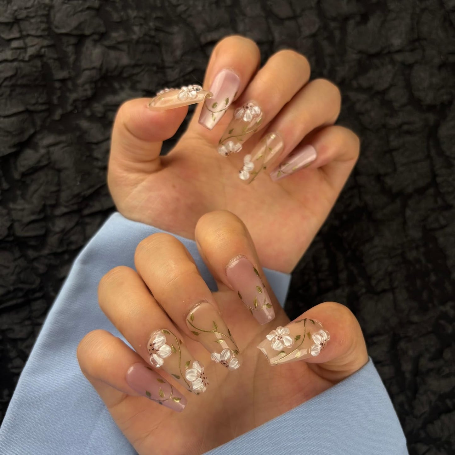 AKA Unicorn Trendy Handmade Press On Nails Medium Coffin Shape,10Pcs Hand Painted Acrylic Fake Nails with 3D Flower Charm Design Clip On Nail for Woman Gift