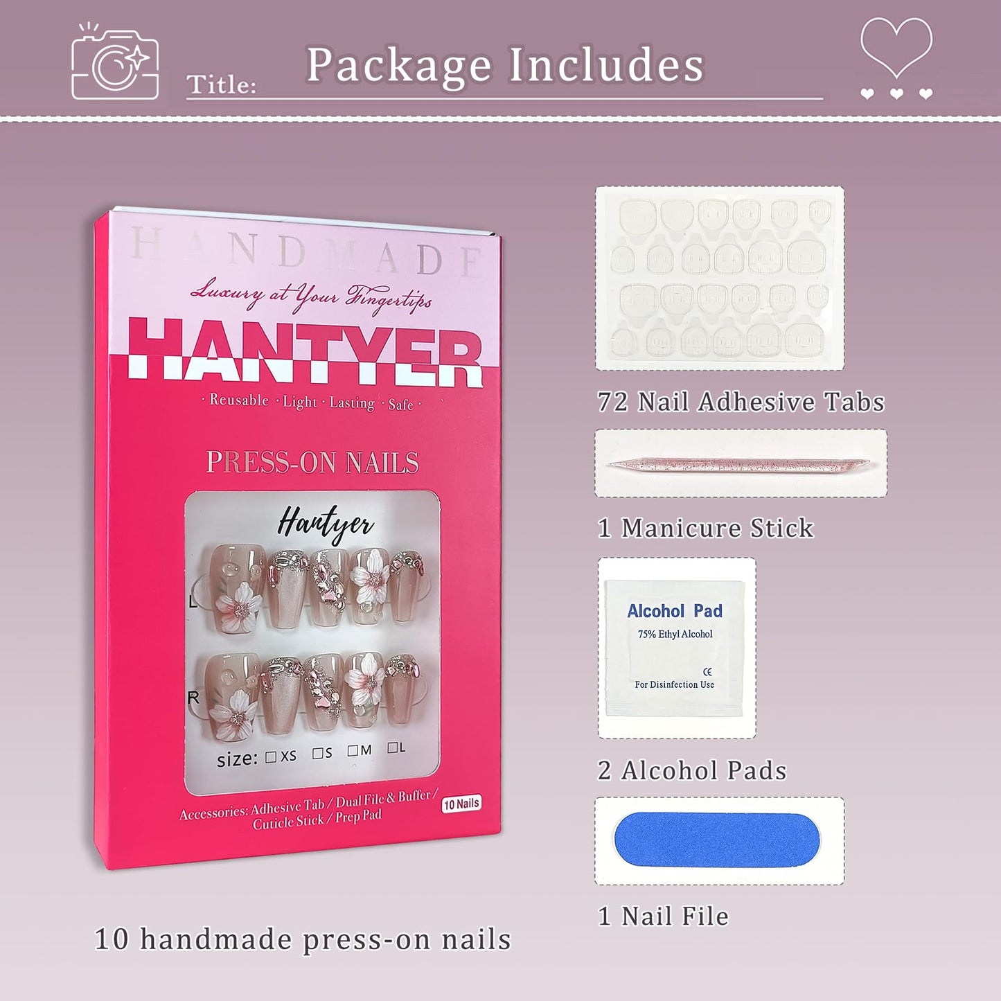 Hantyer Press On Nail Kits - 10pcs Handmade Acrylic False Nails In Pink With Flowers, Medium Coffin Shape, Rhinestone And 3D Cat Eye Design For Women - Multi-Layer Gel, Reusable Salon Nails