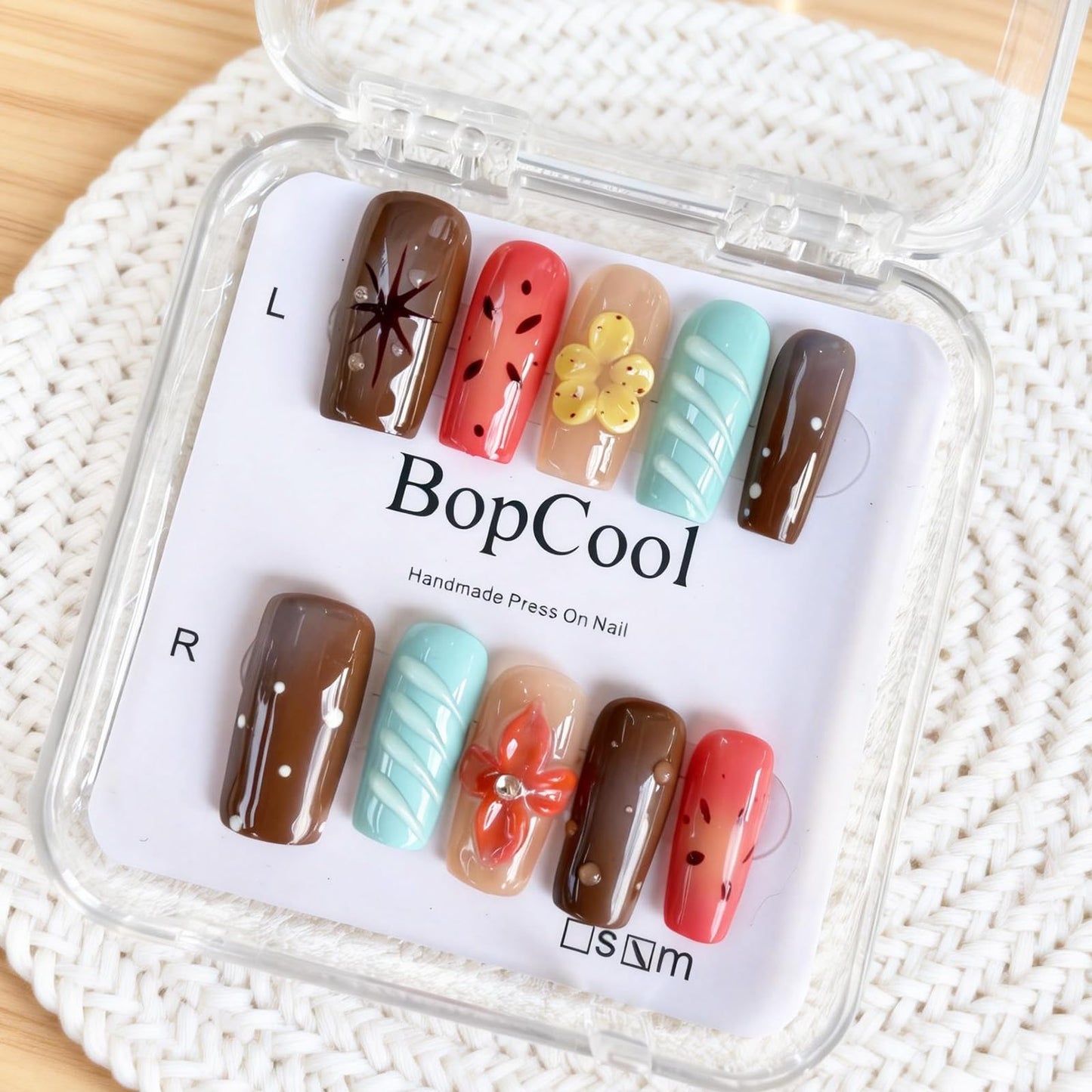 Luxury Handmade Press-On Nails - Vintage Brown 3D Floral Design, Long Coffin Acrylic False Nails | Reusable Fake Nails Kit（10PCS)