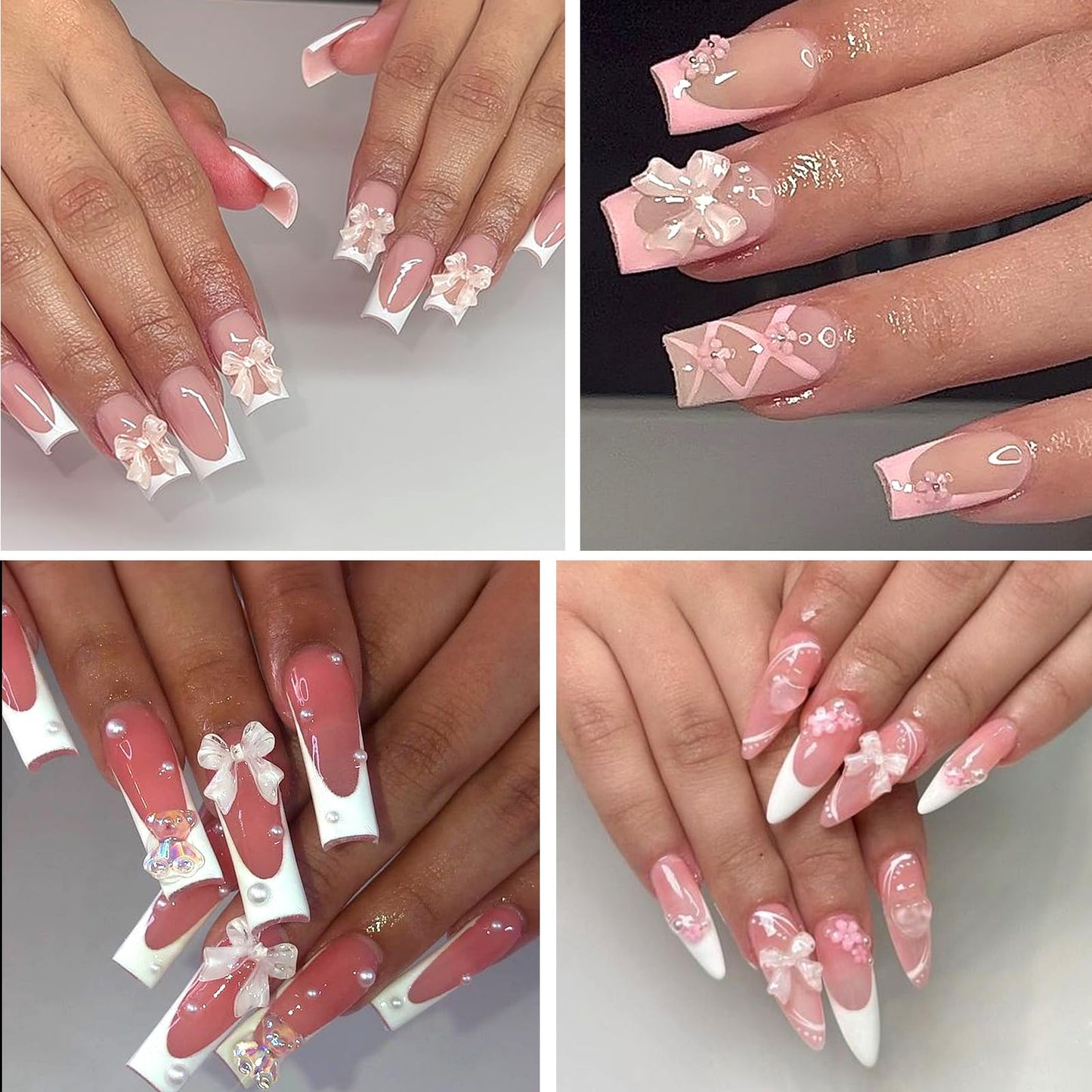 HNUIX Bow Nail Charms - 3D Multiple Colors, Bow-Knot, Flower, Pearls, Flat Back Rhinestones, with Kit, for Nail Art