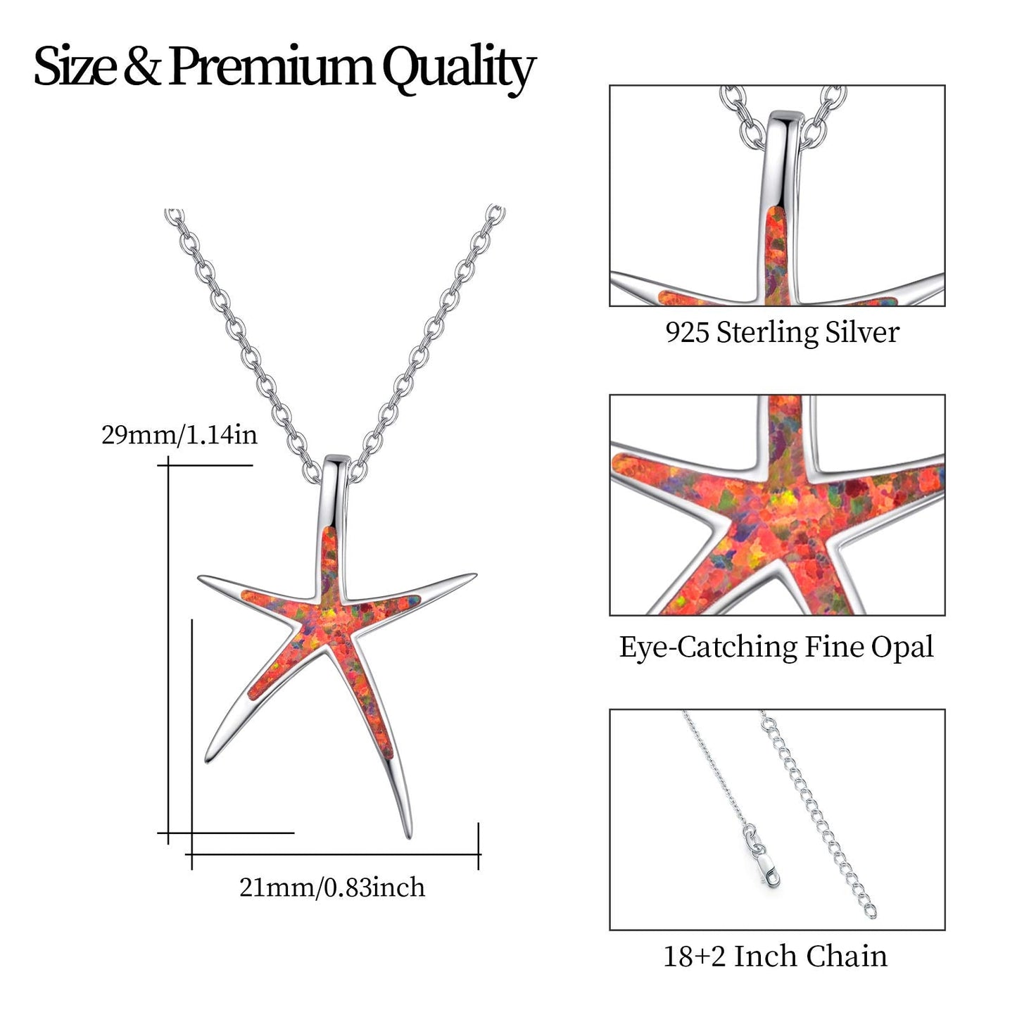 Cuoka Fire Opal Necklace 925 Sterling Silver Starfish Pendant Nautical Beach Sea Ocean Jewelry Valentine Gift for Women Girlfriend with Box