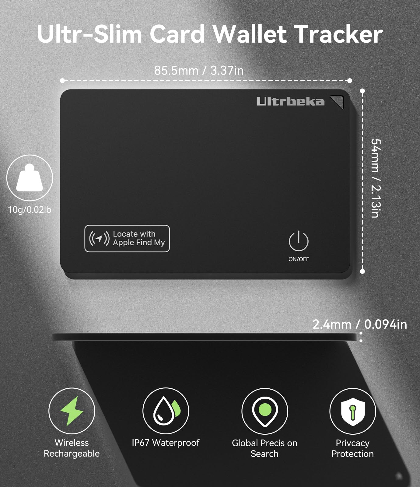 Ultrbeka Ultra-Thin Wallet Tracker Card, Rechargeable 0.094in IP68 Waterproof Bluetooth Tracker for Wallets, Passport, Work with Apple Find My, Card Locator [Apple MFi Certified] iOS Only
