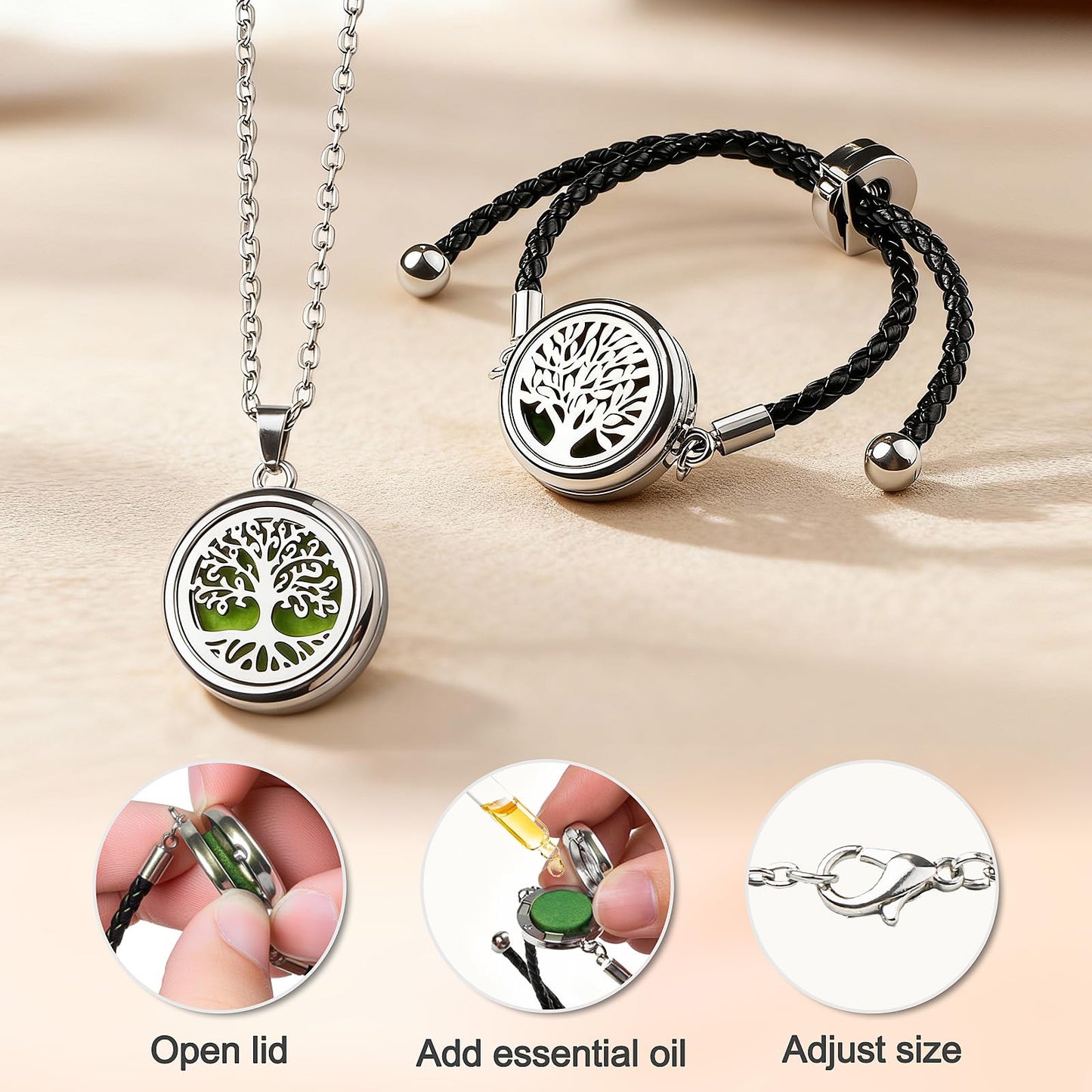 Essential Oil Diffuser Necklace & Bracelet Set for Women 2pcs, for Mom, Tree of Life Aromatherapy Locket + Adjustable Diffuser Bracelet, 20 Refill Pads, Gifts for Women, Sister, Wife