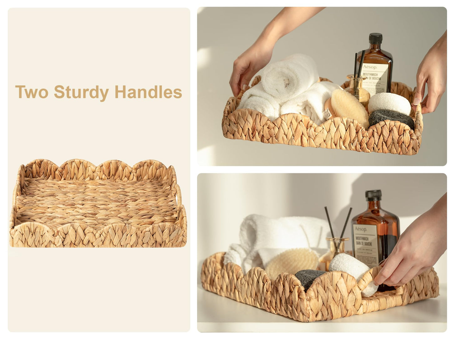 StorageWorks Rectangle Wicker Scalloped Tray, Rattan Serving Trays with Handles, Water Hyacinth Basket for Decorative & Organizing, 15.75" L x 11.5" W x 2.75" H
