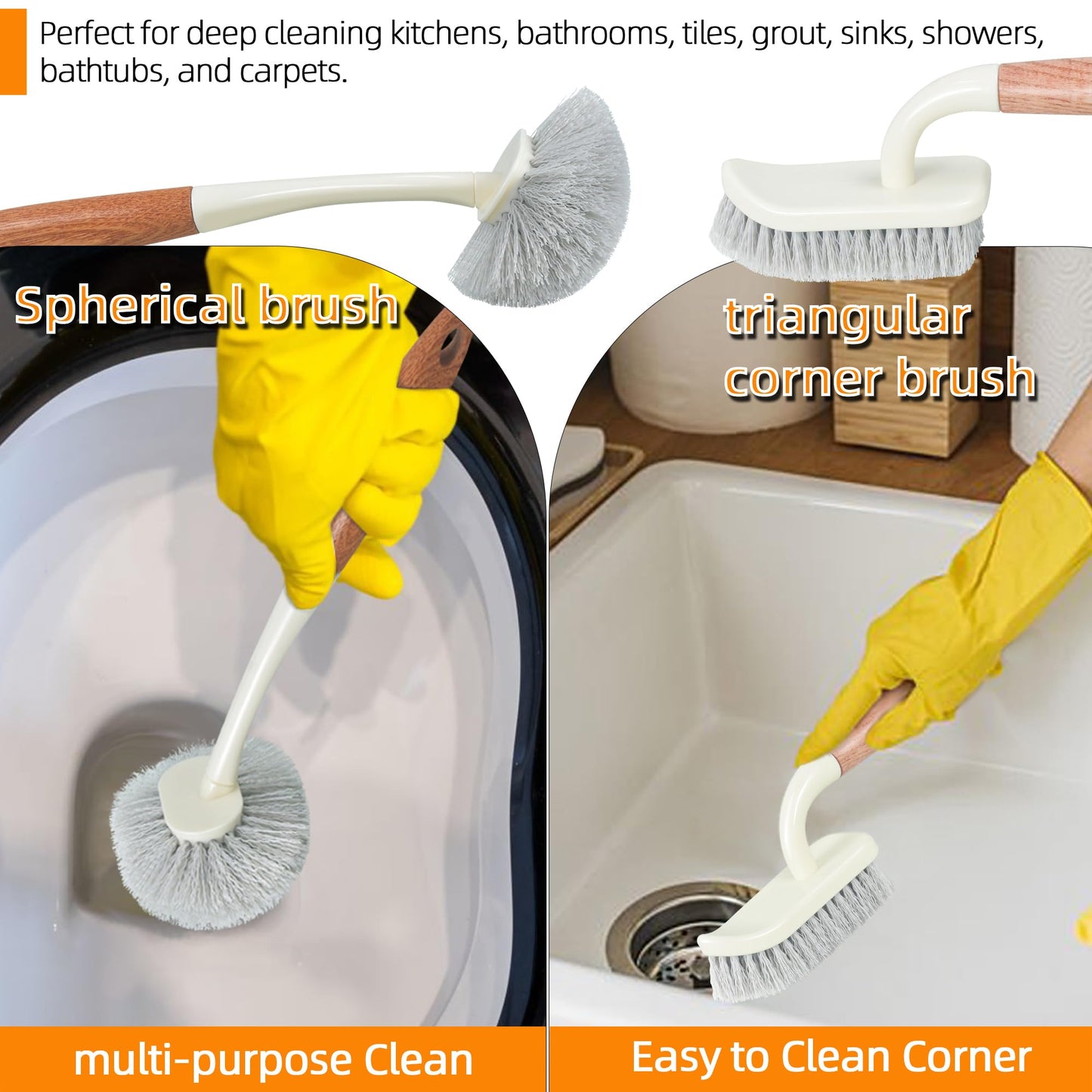 Attoshow 5-Pack Heavy Duty Scrub Brushes Set with Wooden Handles, Multi-Surface Scrubber for Kitchen, Bathroom, Tile & Grout, Includes Spherical, Triangle, Square & Dish Brush for Stubborn Stains