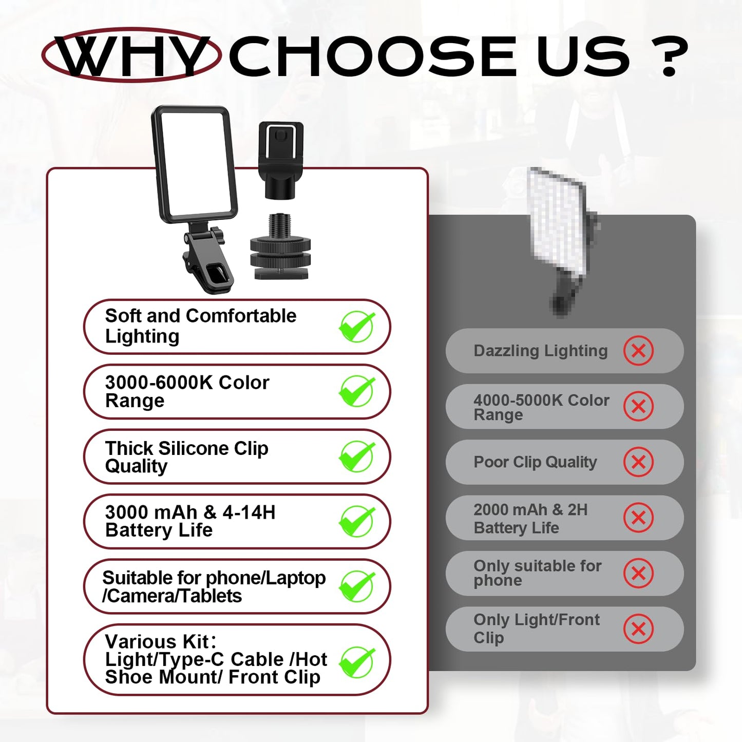 Datarm Rechargeable Soft Selfie Light for Phone, Camera, Laptop, 4-14H Battery Portable LED Light for Pictures, Phone Light Clip for Selfie, Vlog, TikTok, Makeup, Video Conference Black