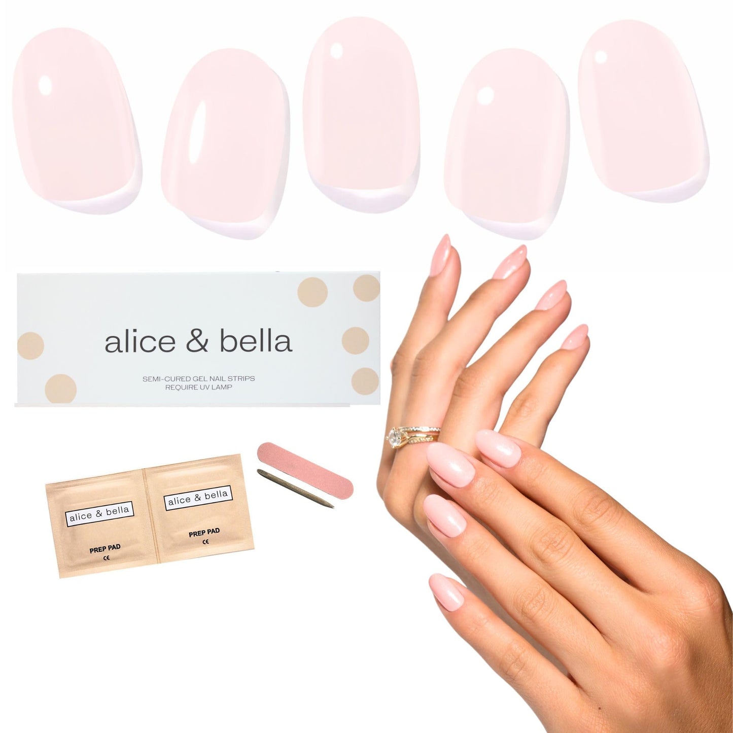ALICE & BELLA Semi Cured Gel Nail Strips-20 PCS Nude Pink Neutral Nail Strengthening Gel Stickers, Use with UV Light Lamp, Salon Quality Manicure Wraps (Nude Pink)