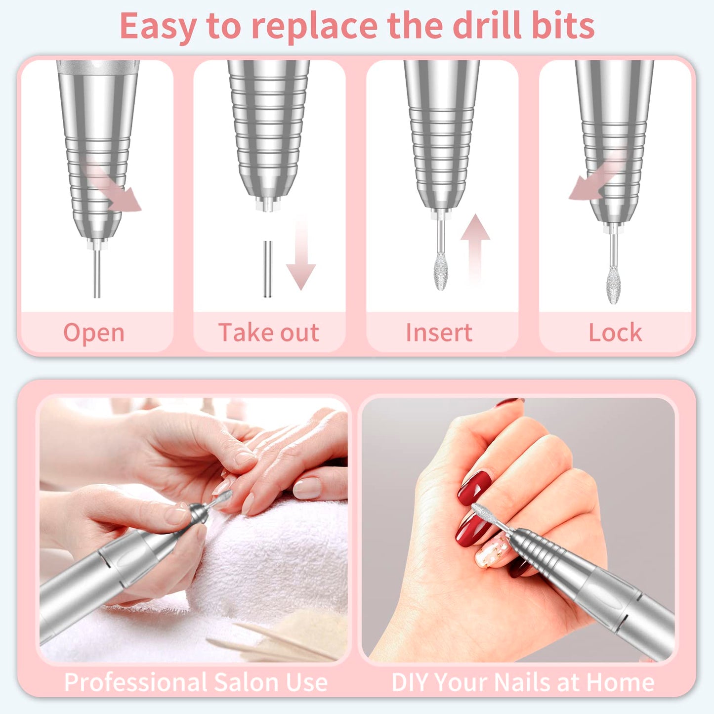 MOCOWIND Portable Nail Drill Professional 35000 RPM, Rechargeable Electric Nail File Machine Cordless E-File for Acrylic Gel Polishing Removing with Bits Kit for Manicure Salon Home, Pink