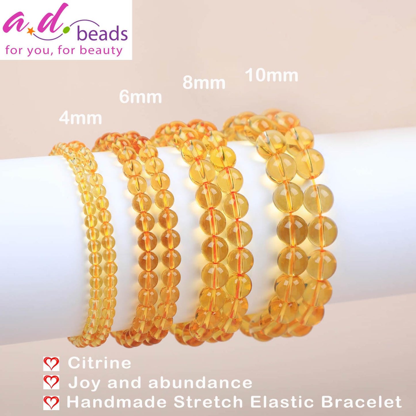 AD Beads Handmade Gemstone Stretch Elastic Bracelet Crystal Healing Reiki Nature's Beauty and Spiritual Essence Unisex (8mm, Citrine (Joy and Abundance))