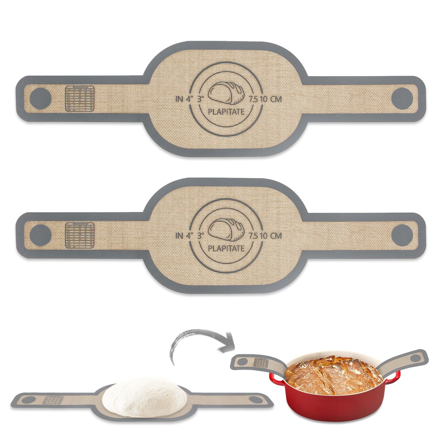 PLAPITATE Silicone Bread Sling Dutch Oven Liner, Non-Stick & Easy Clean Reusable Oval Silicone Baking Mat with Long Handles, Easy to Transfer Sourdough - 2 Gray Set