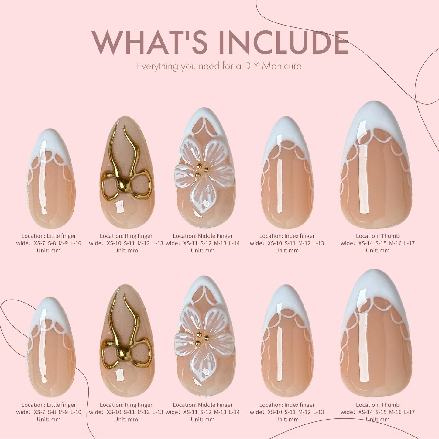 Blossom Bow Fake Nails Press on, 22mm Nude French Floral with Romantic Bow & Flower, Elegant Bridal Acrylic Nail Set for Women, Dates & Spring (Multicolor, S)