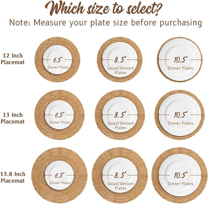 13 in Round Woven Placemats Plate Chargers Set of 10, Boho Farmhouse Rustic Woven Place Mats for Dining Table Decor, Rattan Wicker Table Mats Jute Braided Chargers for Dinner Plates