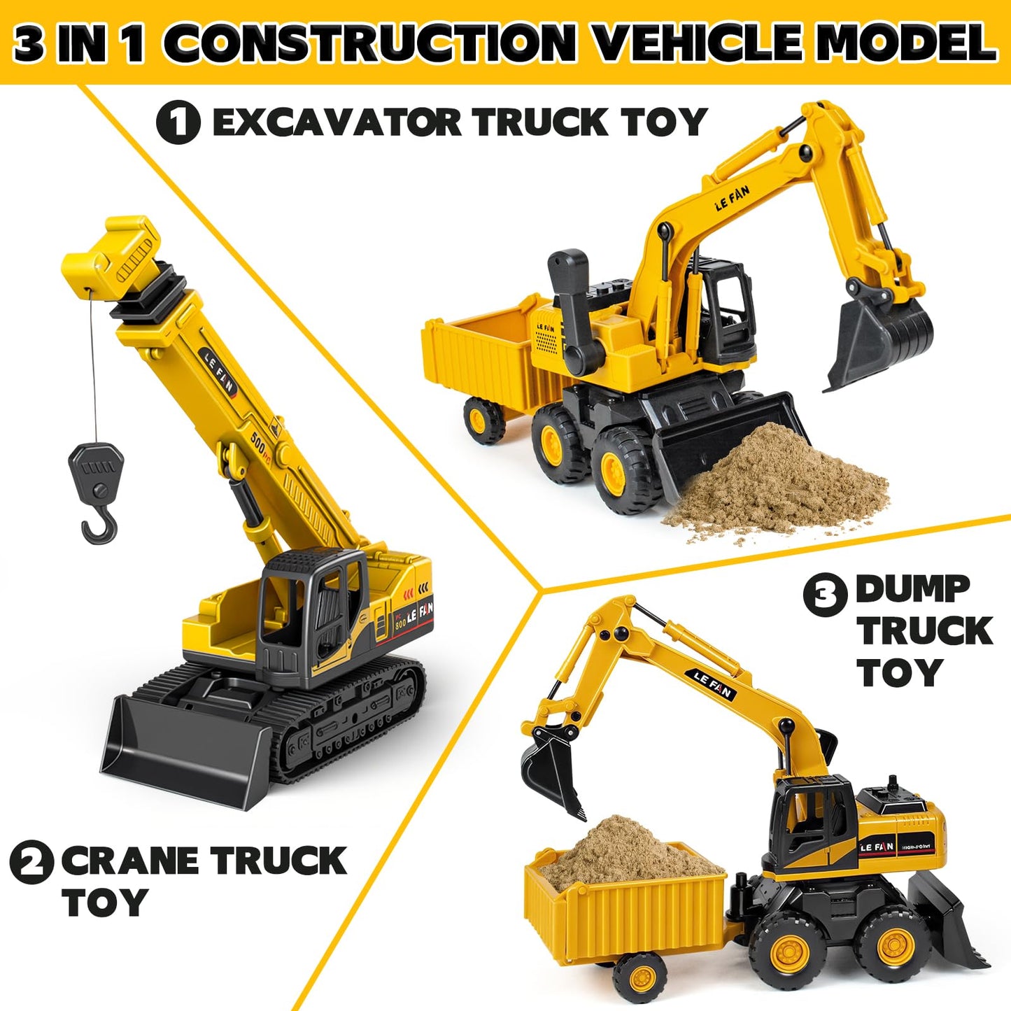 Kids Construction Toys for Boys - 3 in 1 Excavator, Crane and Dump Trucks with Road Signs for Toddlers Ages 3-5, Friction Power Construction Vehicles Model Car, Transport Truck Playset Birthday Gifts