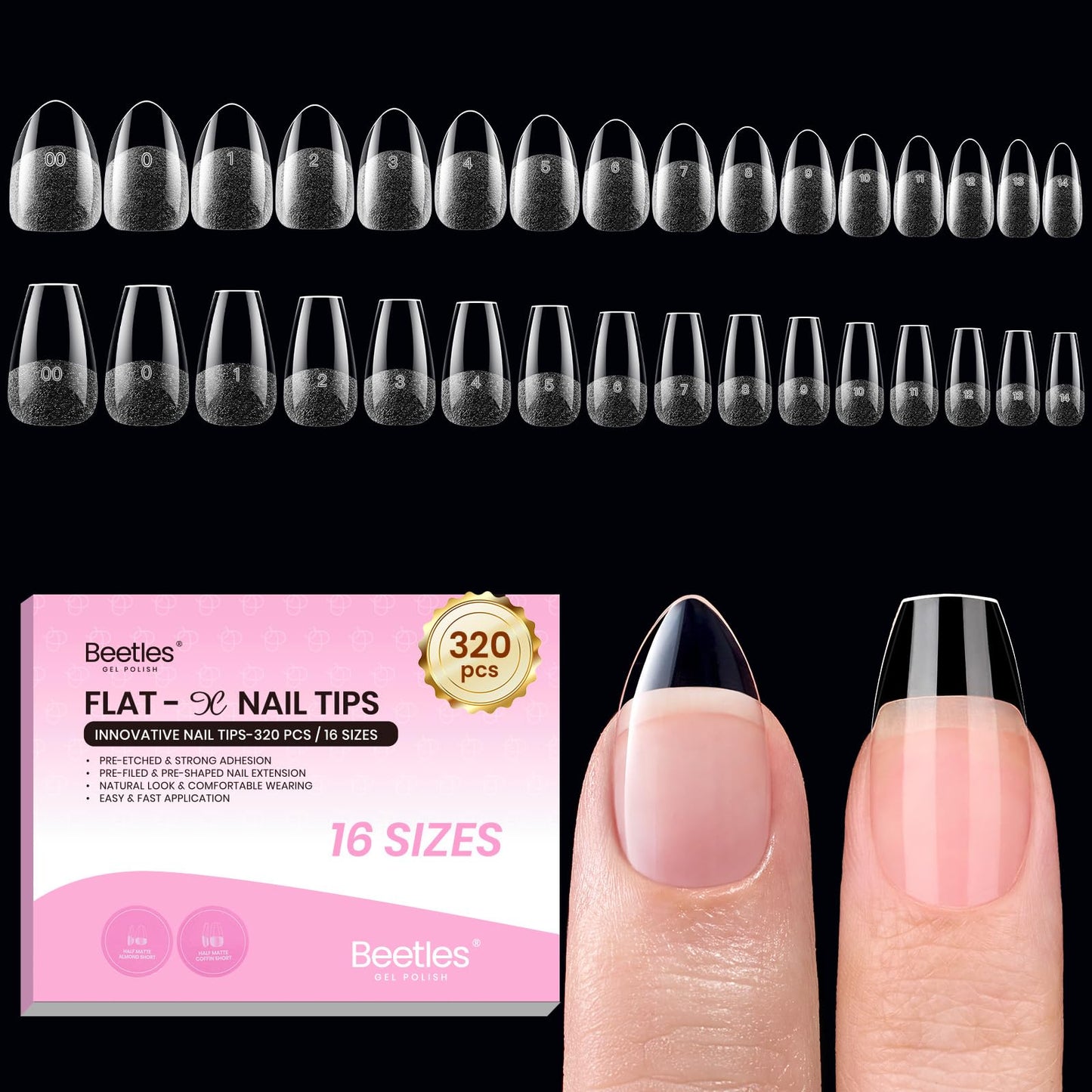 Beetles Gel Nail Tips Flat-X - Almond Coffin Short, 320pcs 16 Sizes, Pre-Etched Half Matte Full Cover Soft Acrylic Press on Easy DIY False Nail Extension Salon for Flat & Natural Nail Beds