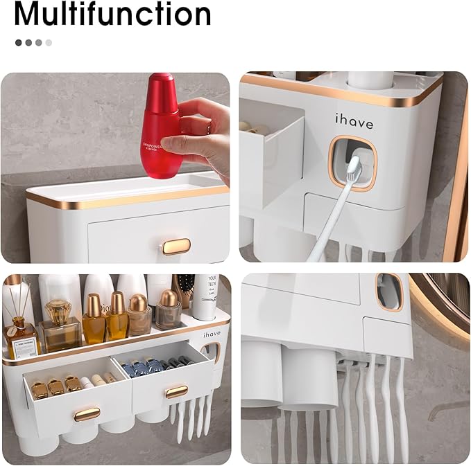 iHave Toothbrush Holders for Bathrooms - Upgrade Wall Mounted Toothbrush Holder with Toothpaste Dispenser - 4 Cups, Large Capacity Tray, 2 Cosmetic Drawer - Bathroom Organizers and Storage