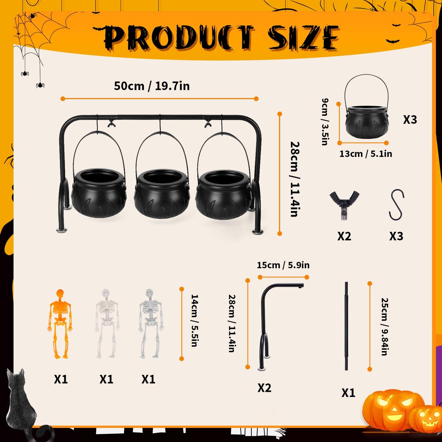 Halloween Decor - Halloween Party Decorations - Set of 3 Witches Cauldron Serving Bowls on Rack - Black Plastic Cauldron with Skeletons for Indoor Outdoor Home Kitchen Decoration