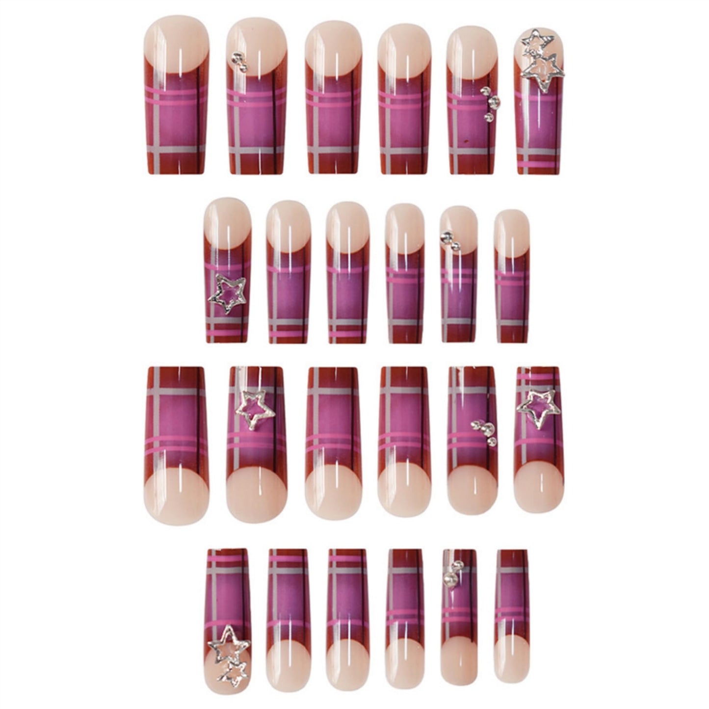SEENEEY Square Press on Nails Long Fake Nails Purple Artificial Nail Silver Charm Stick on Nail for Women 24pcs