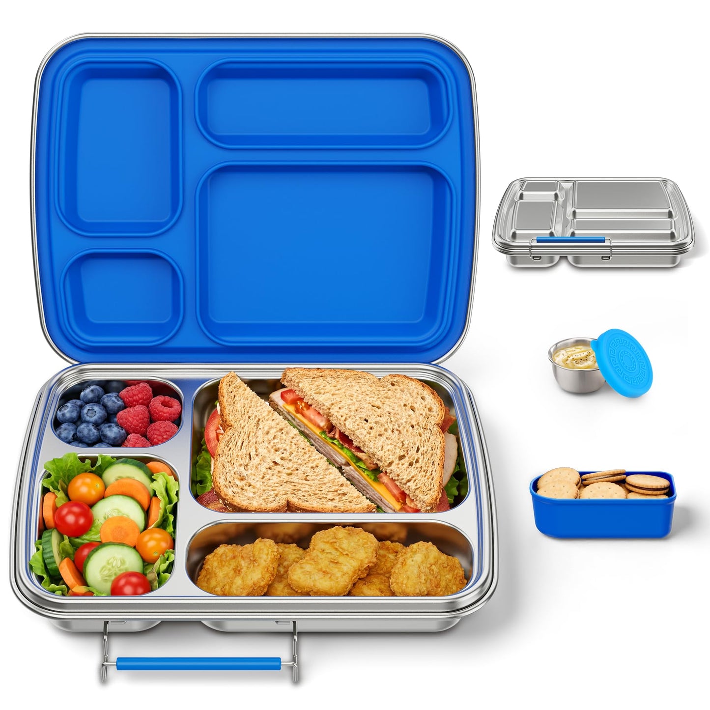 Eoika Stainless Steel Bento Box for Kids, Kids Lunch Box with 4-Compartment, Metal Lunch Box with Silicone Container & Sauce Cup, Durable Lunch Box Containers for School and Office (Blue)
