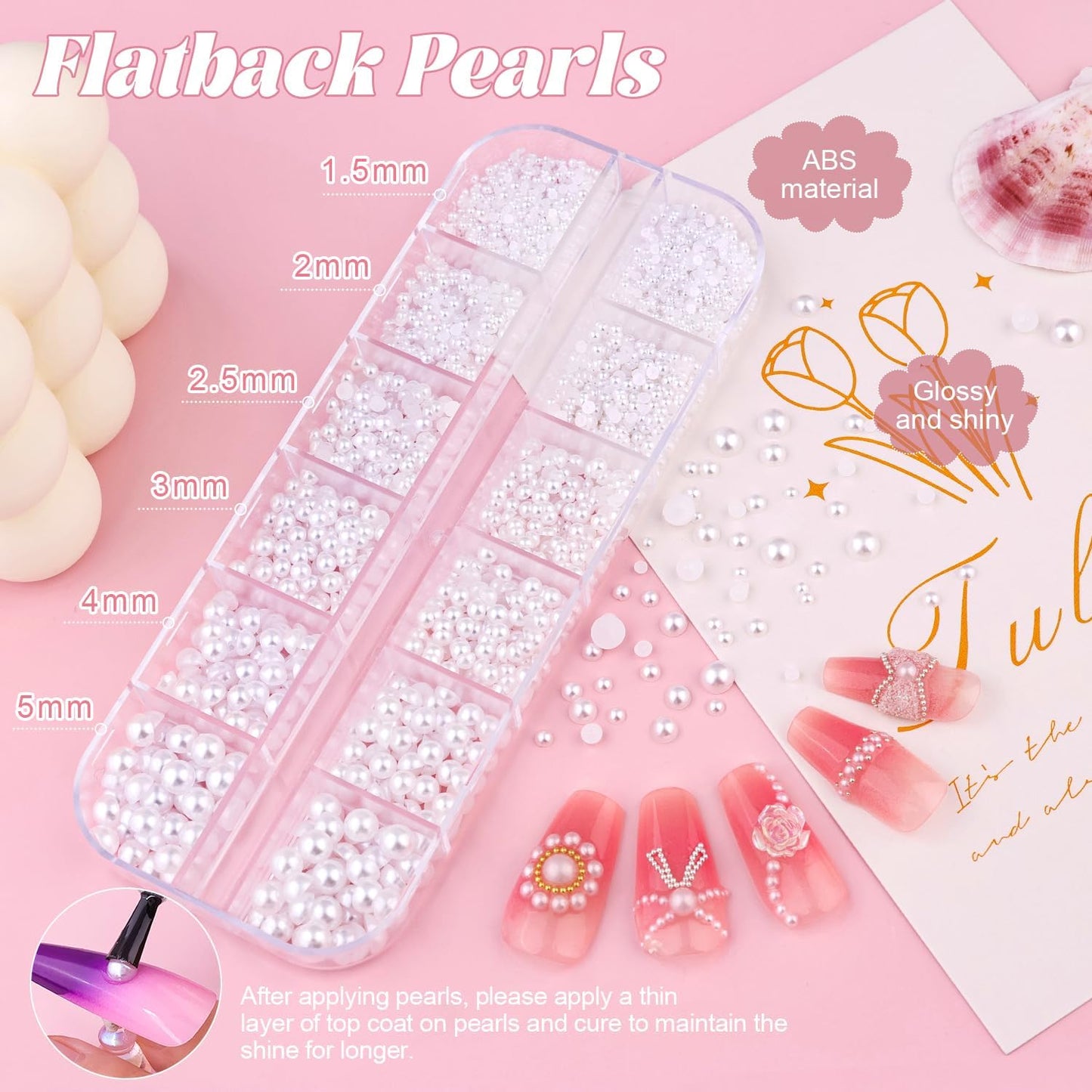 Pearls Nail Charms - White Flatback Pearls, 3D Flowers & Rhinestones Glue Gel for Nail Art